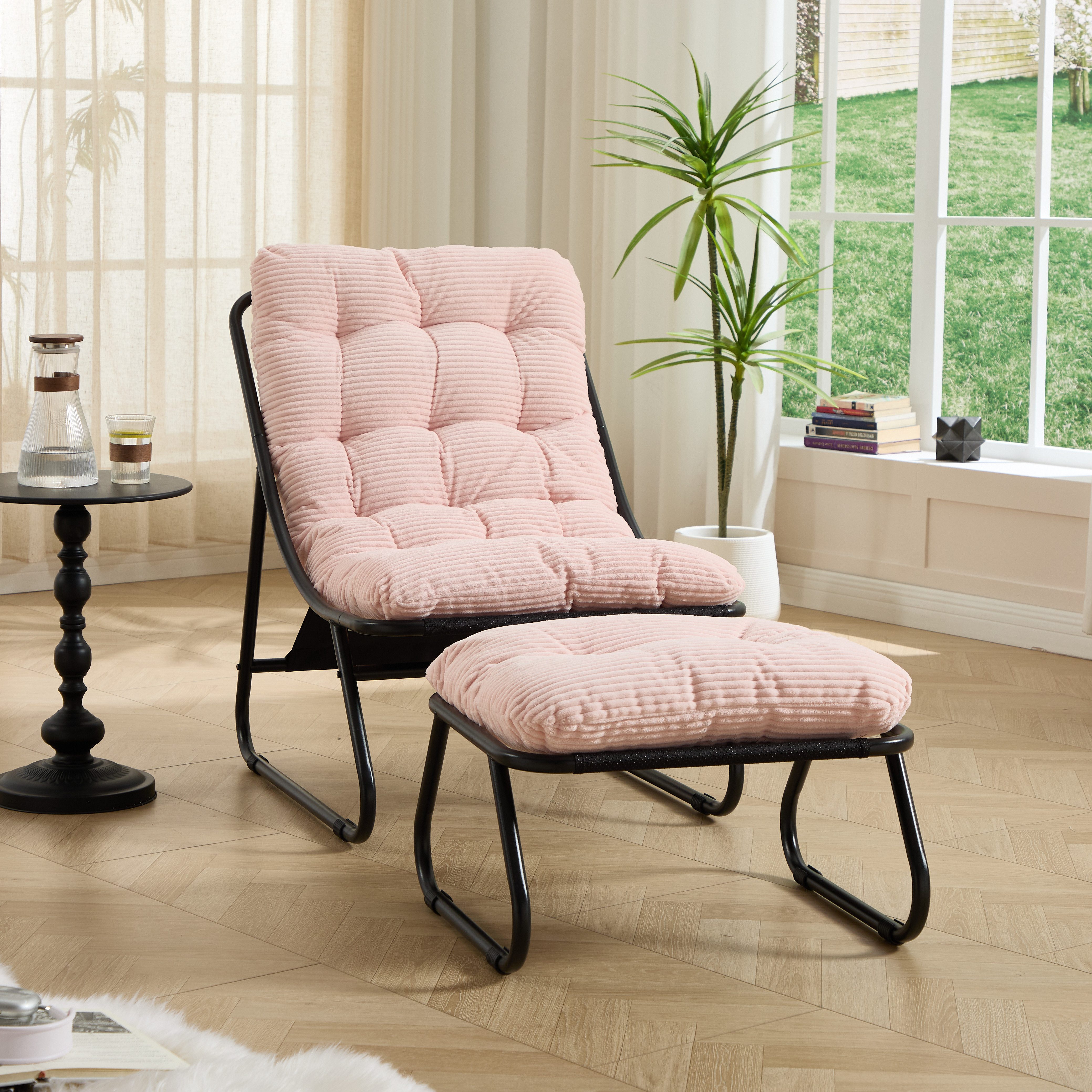 CHICFURN Loungesessel Outdoor-Sessel mit Hocker und weichem Sitzkissen (Packung, 2-St., Ideal für Wohnzimmer, Schlafzimmer oder Lesezimmer), Schwarzes Gestell & rosa Kissen