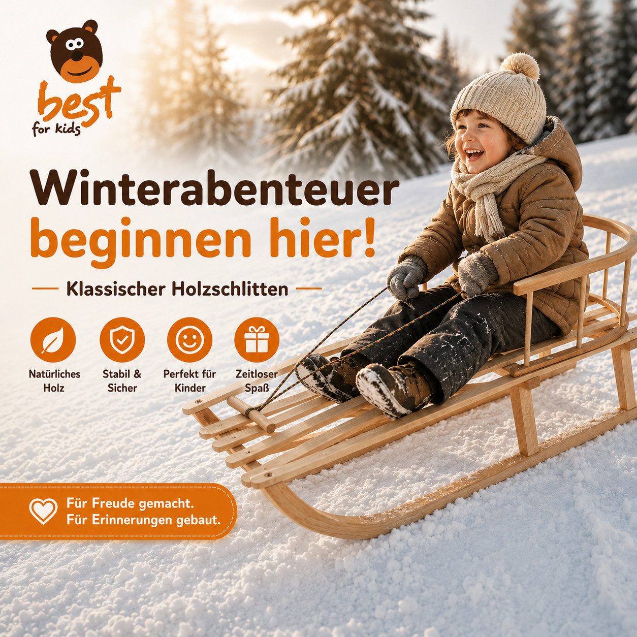 Best for Kids Schlitten Kinder Holzschlitten mit Rückenlehne Buche Eiche (Kinderschlitten, 1-tlg., mit Rückenlehne und Zugleine), 88 x 32 x 39 cm (L x B x H)