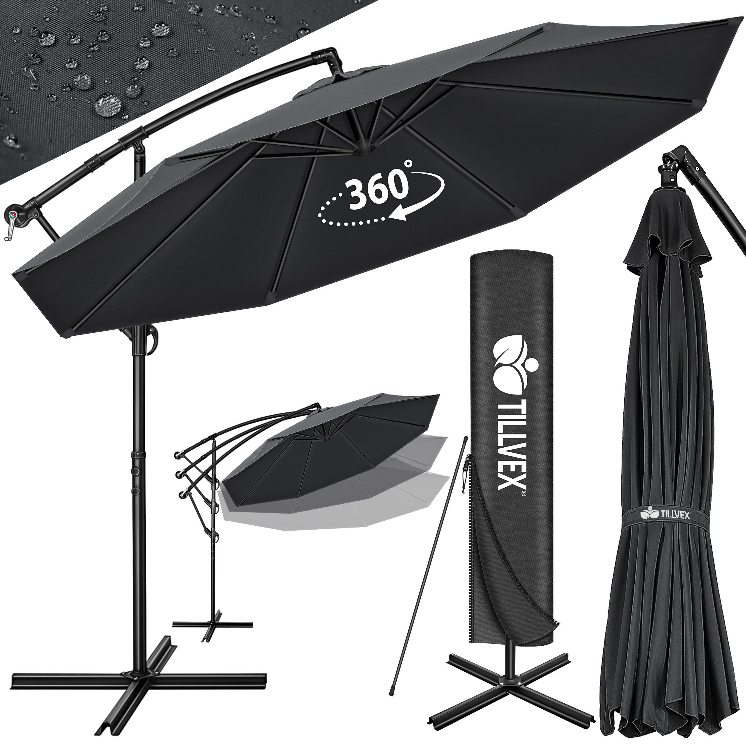 tillvex Sonnenschirm 300-350 cm Kurbel Ampelschirm mit Ständer, Abdeckung & Windsicherung, Gartenschirm UV-Schutz Aluminium