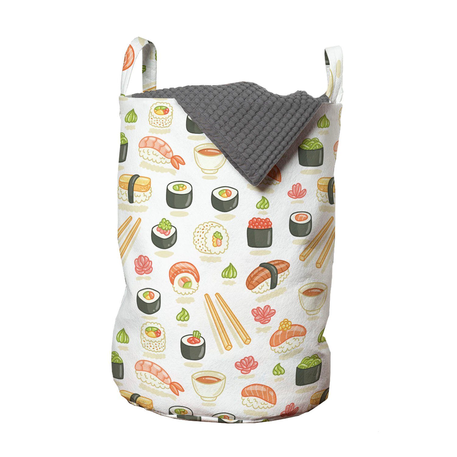 Abakuhaus Wäschesäckchen Wäschekorb mit Griffen Kordelzugverschluss für Waschsalons, Sushi Cartoon Leckere Nahrung Muster