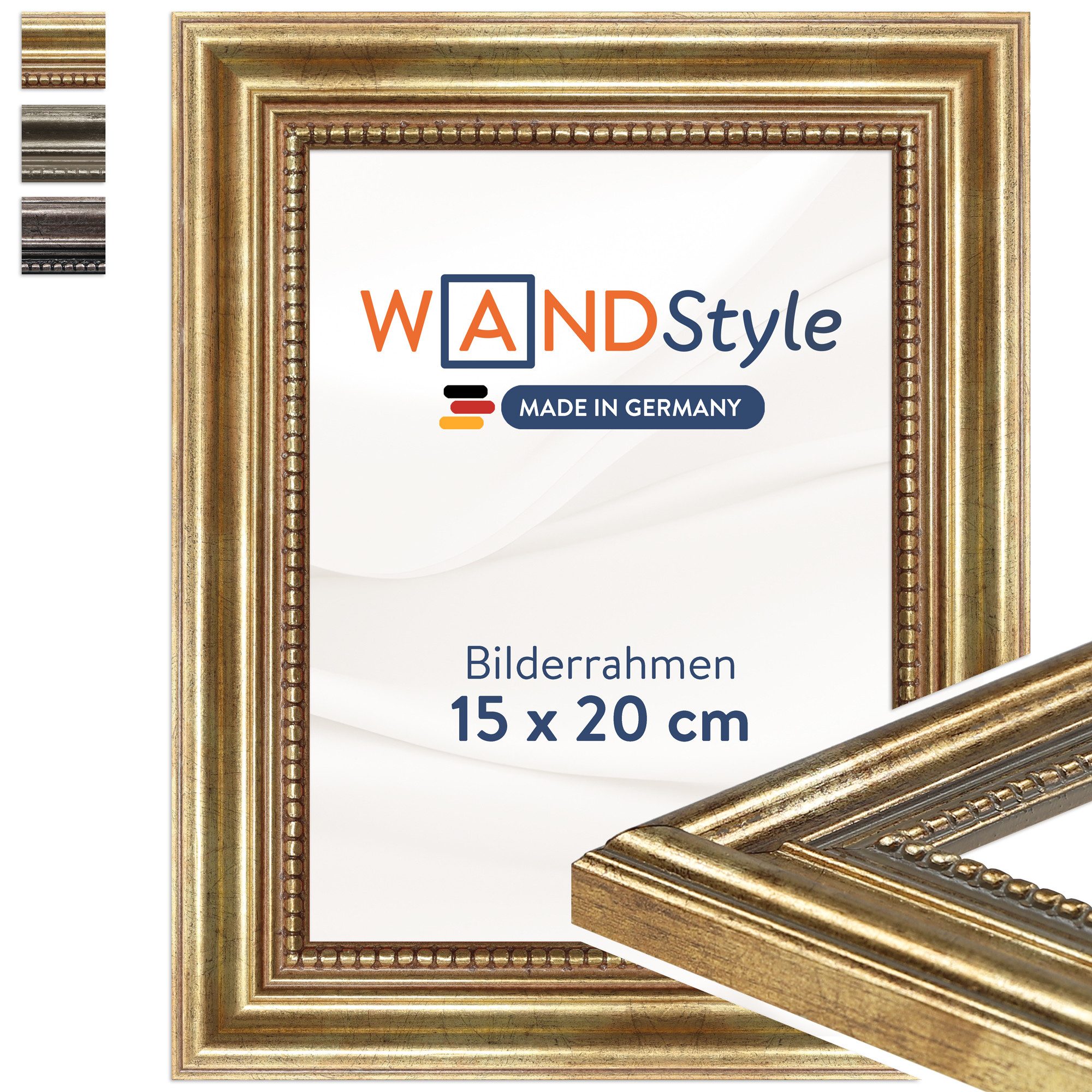 WANDStyle Einzelrahmen H450, Goldener Bilderrahmen 15x20 Holz, Vintage Bilderrahmen Gold 15x20 cm