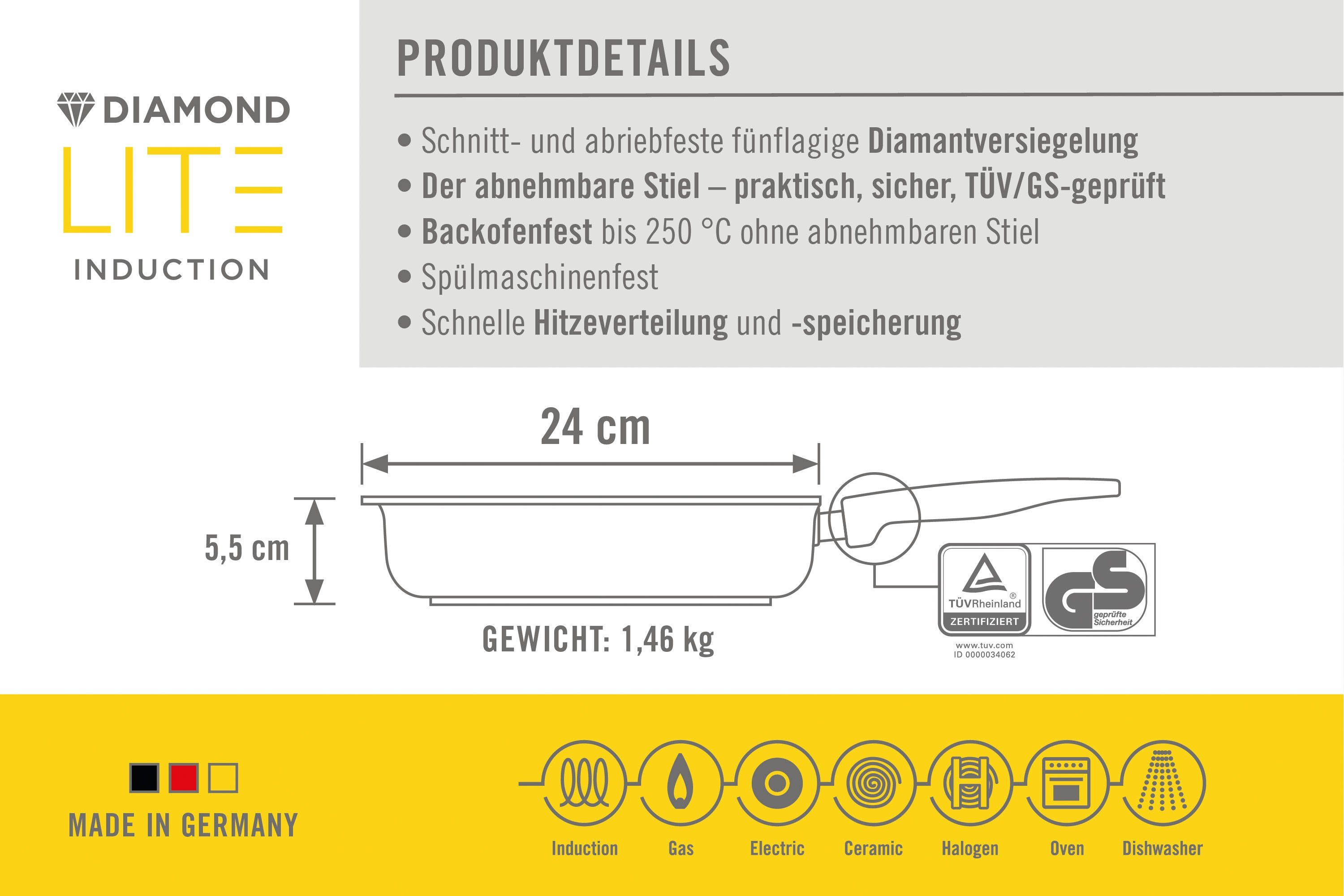 inkl. Lite, Spritzschutz, Induktion, Stiel, in WOLL Germany Made Bratpfanne abnehmbarer (Set, 3-tlg), Diamond Aluminium