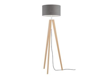 meineWunschleuchte LED Stehlampe, höhenverstellbar, LED wechselbar, Warmweiß, Dreibein Holz-Lampe dimmbar mit Leinen Lampenschirm Grau, 140-164cm