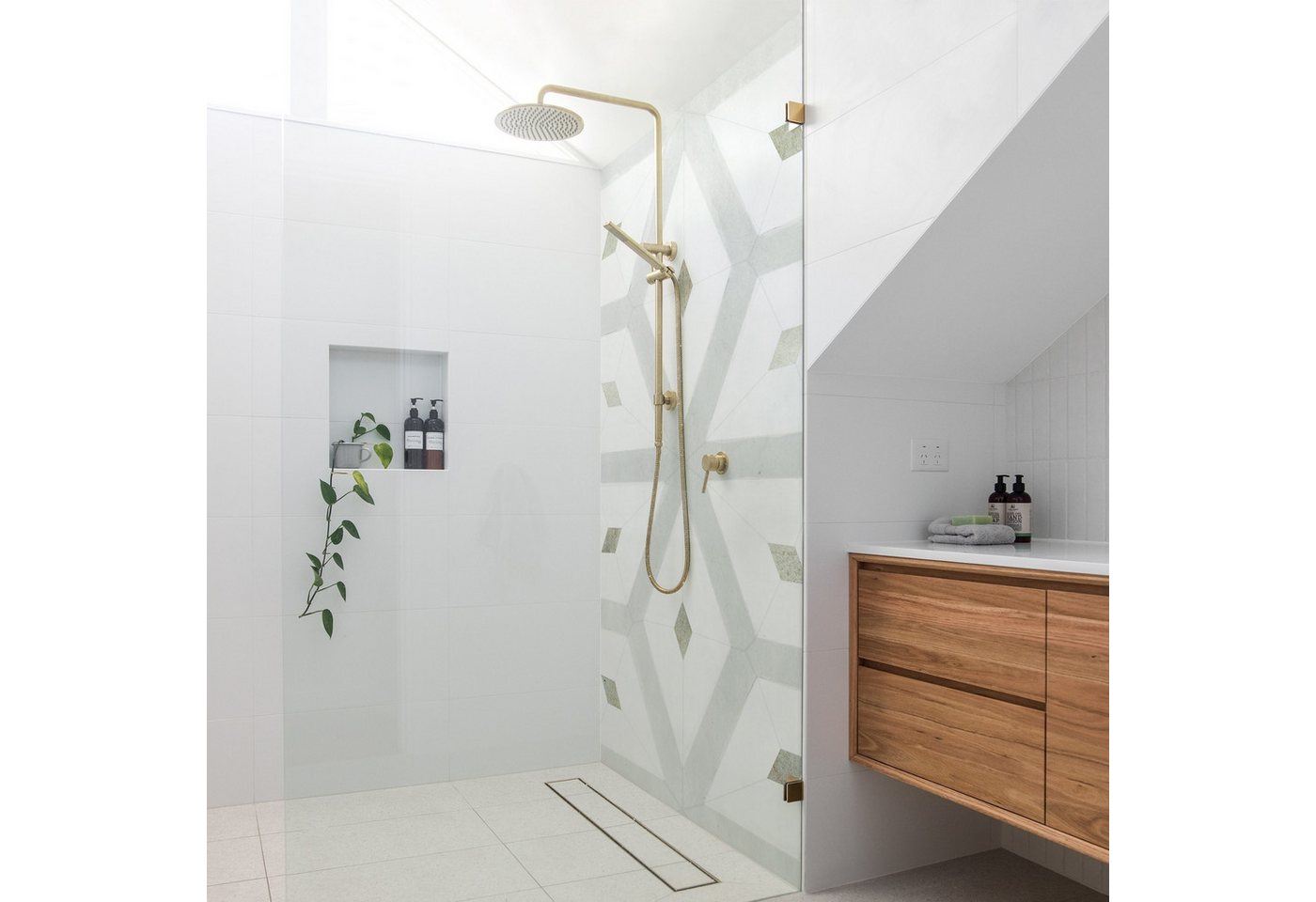 Thumbnail - Bilderdepot24 Badrückwand Muster beige Duschrückwand ohne Bohren Dusche Vintage, (Hartfolie matt » Selbstklebend PREMIUM...