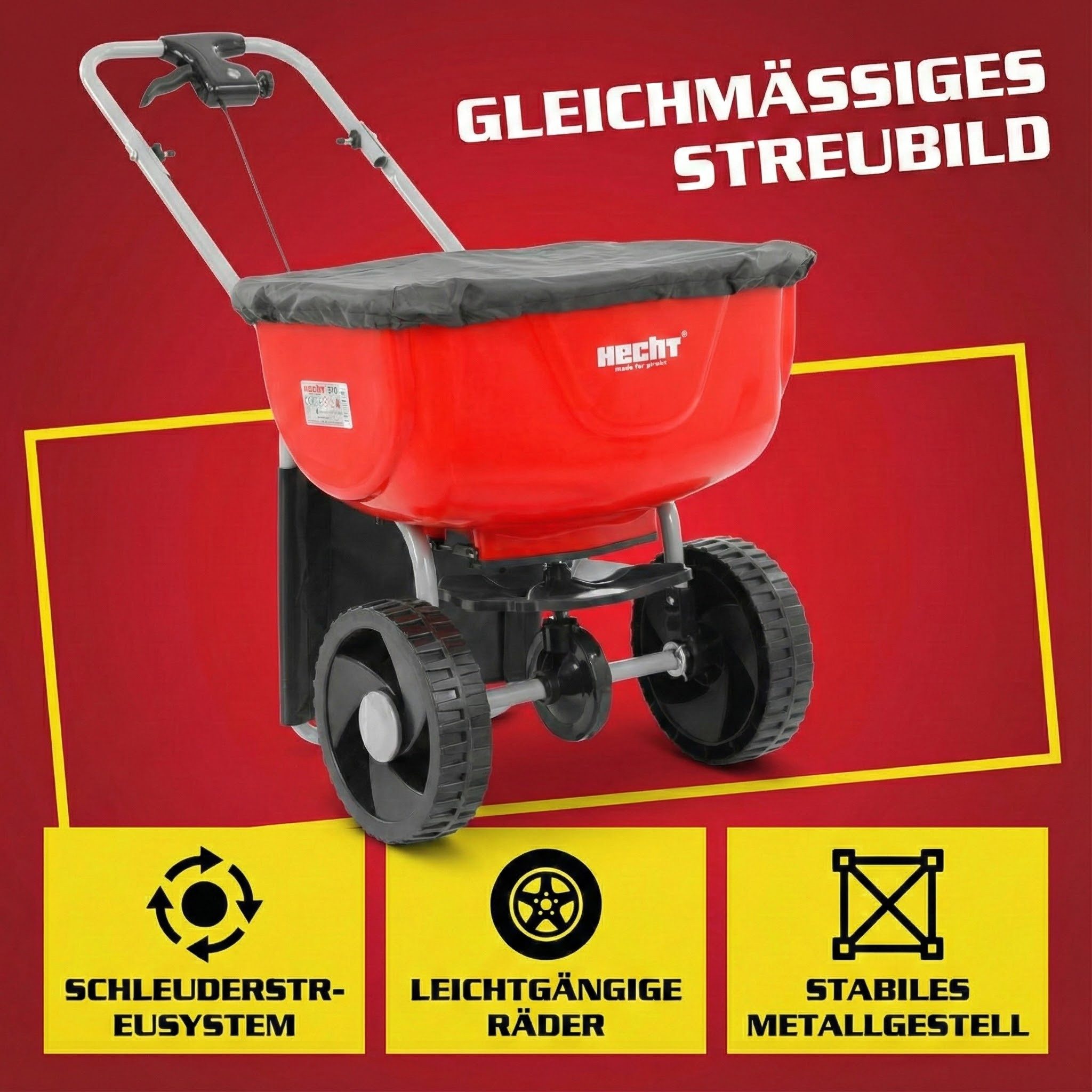 Hecht Streuwagen mit Abdeckhaube, Spritzschutz 27 Liter Schleuderstreu System, 27 l Füllmenge, Stufenlose Mengenkontrolle 1-10, Metallgestell