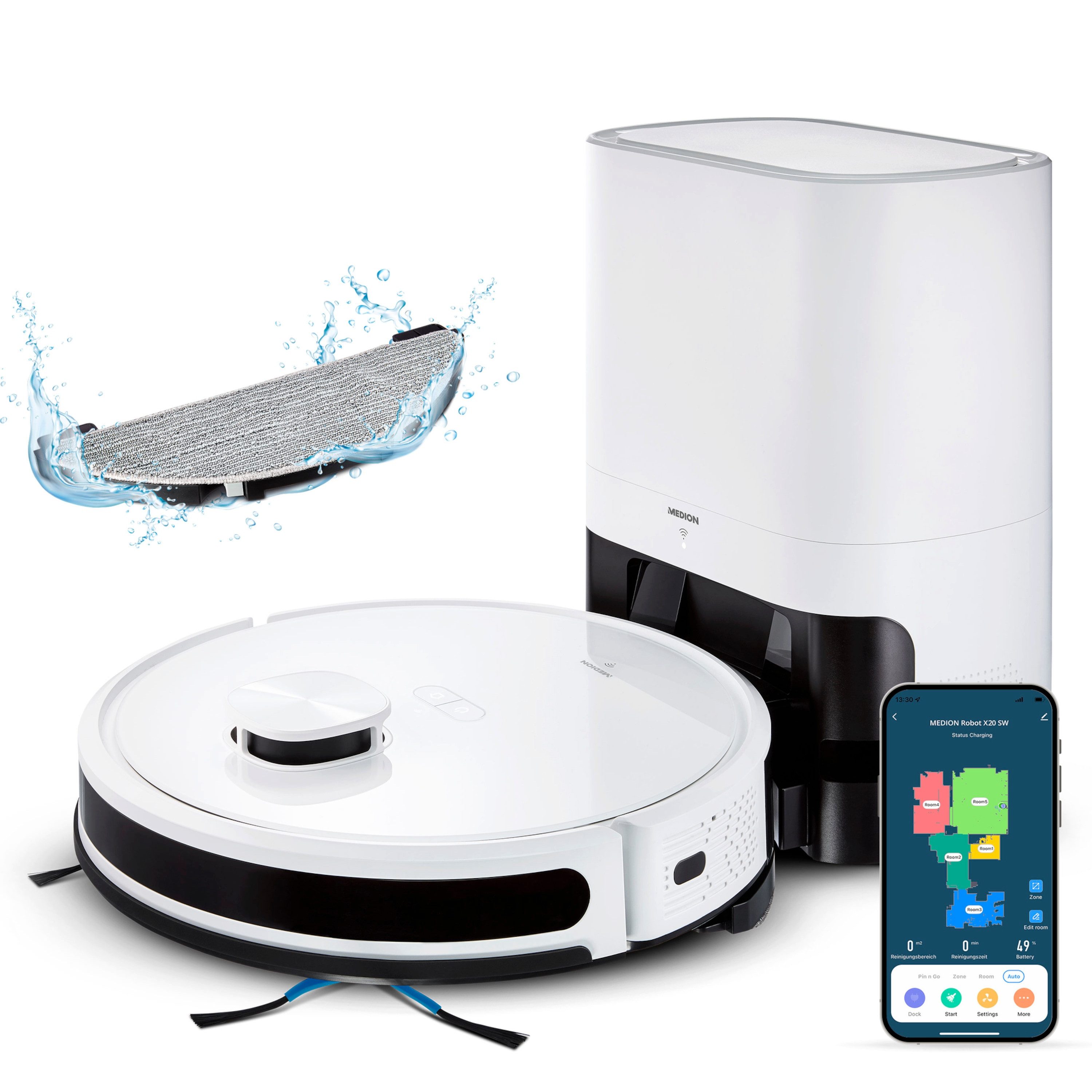 Medion® Вакуумный робот Smarter Вакуумный робот mit Wischfunktion und Absaugstation X20 SW+, X20 SW+