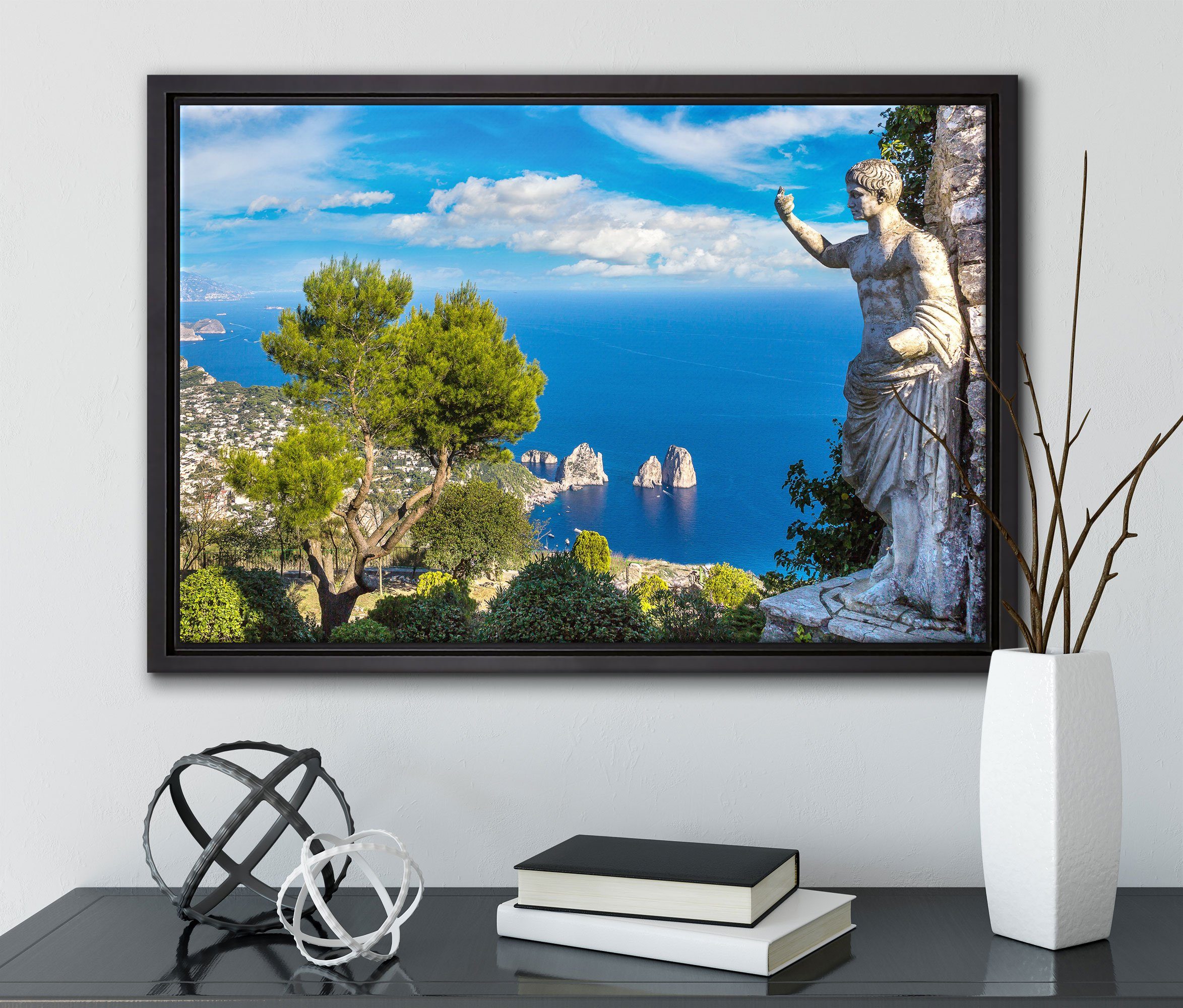 einem Wanddekoration Capri Zackenaufhänger Insel Schattenfugen-Bilderrahmen St), fertig gefasst, inkl. Pixxprint Leinwandbild in (1 in bespannt, Leinwandbild Italien,