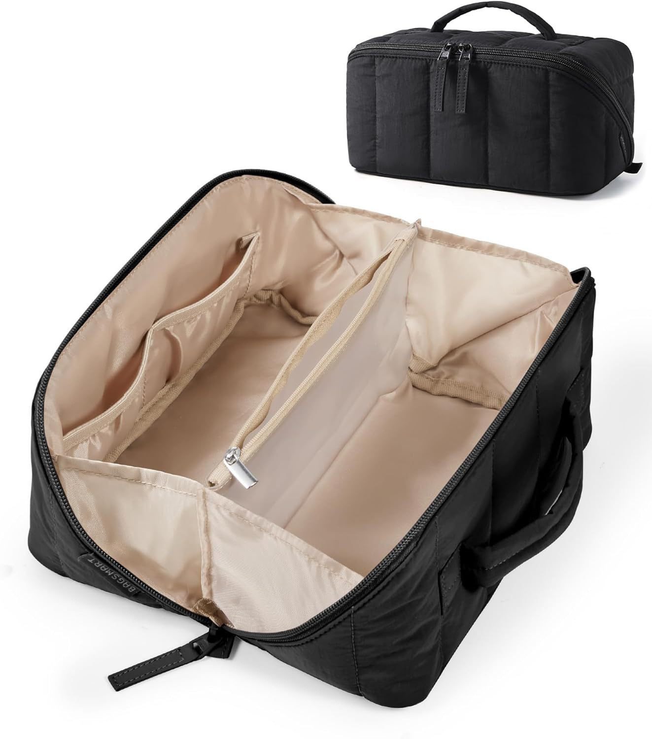 nsihing Kosmetiktasche Damen Tragbarer Schminktasche Reise Puffer Make Up Tasche, Cosmetic Bag offene, Flache Kulturtasche für Toilettenartikel, Pinsel