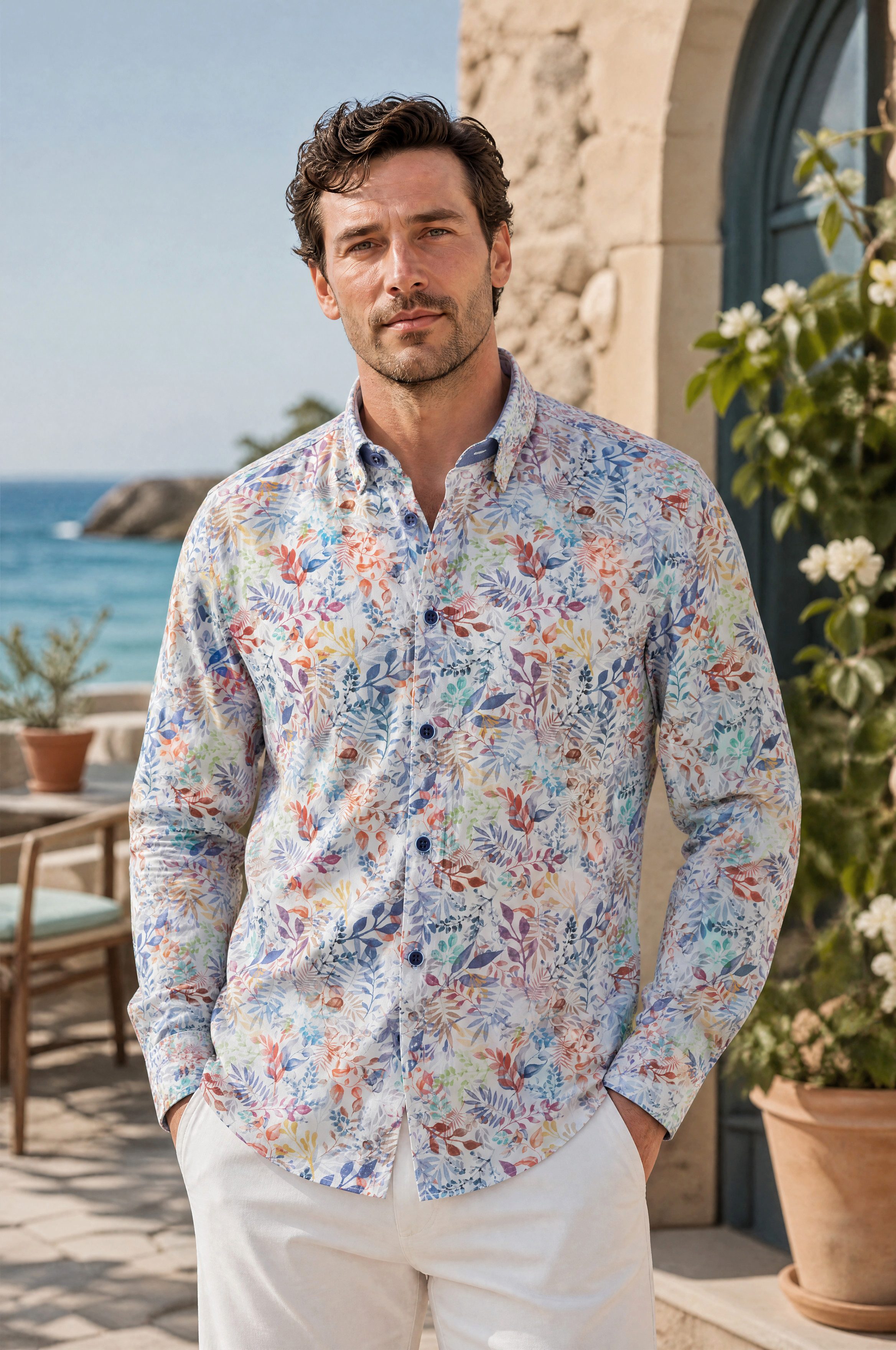 Haupt Langarmhemd Langarm Herrenhemd Popelin mit Pflanzenmuster ideal Sommer