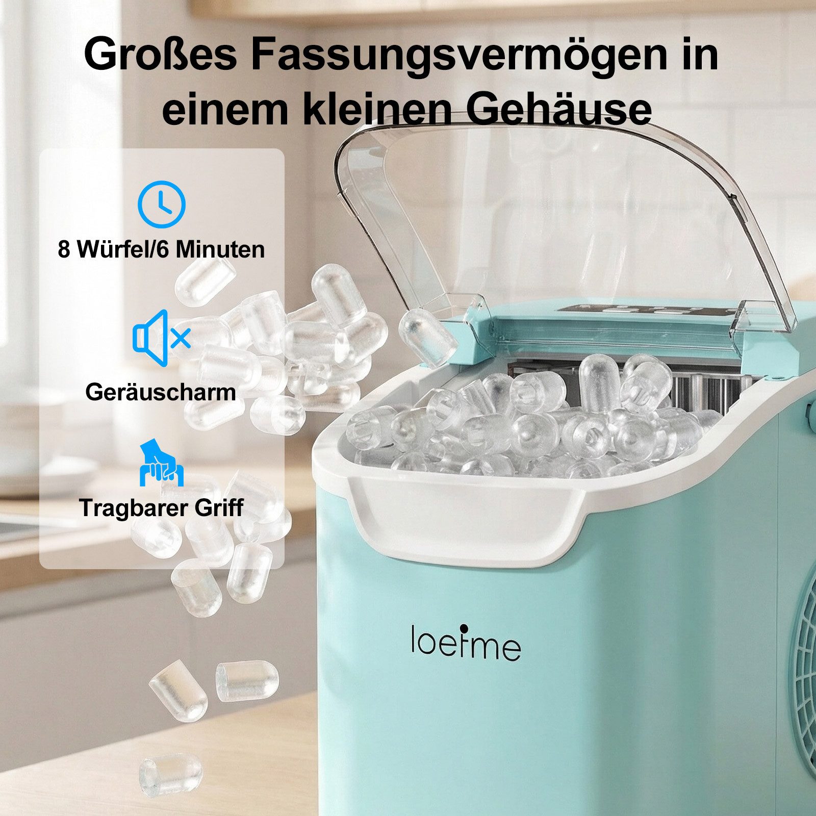 loefme Eiswürfelmaschine Tragbarer Eiswürfelbereiter, 6 Minuten Schnellproduktion, Selbstreinigung, leiser Betrieb, 12KG/24H, für Zuhause Party – Bild 2 von 5