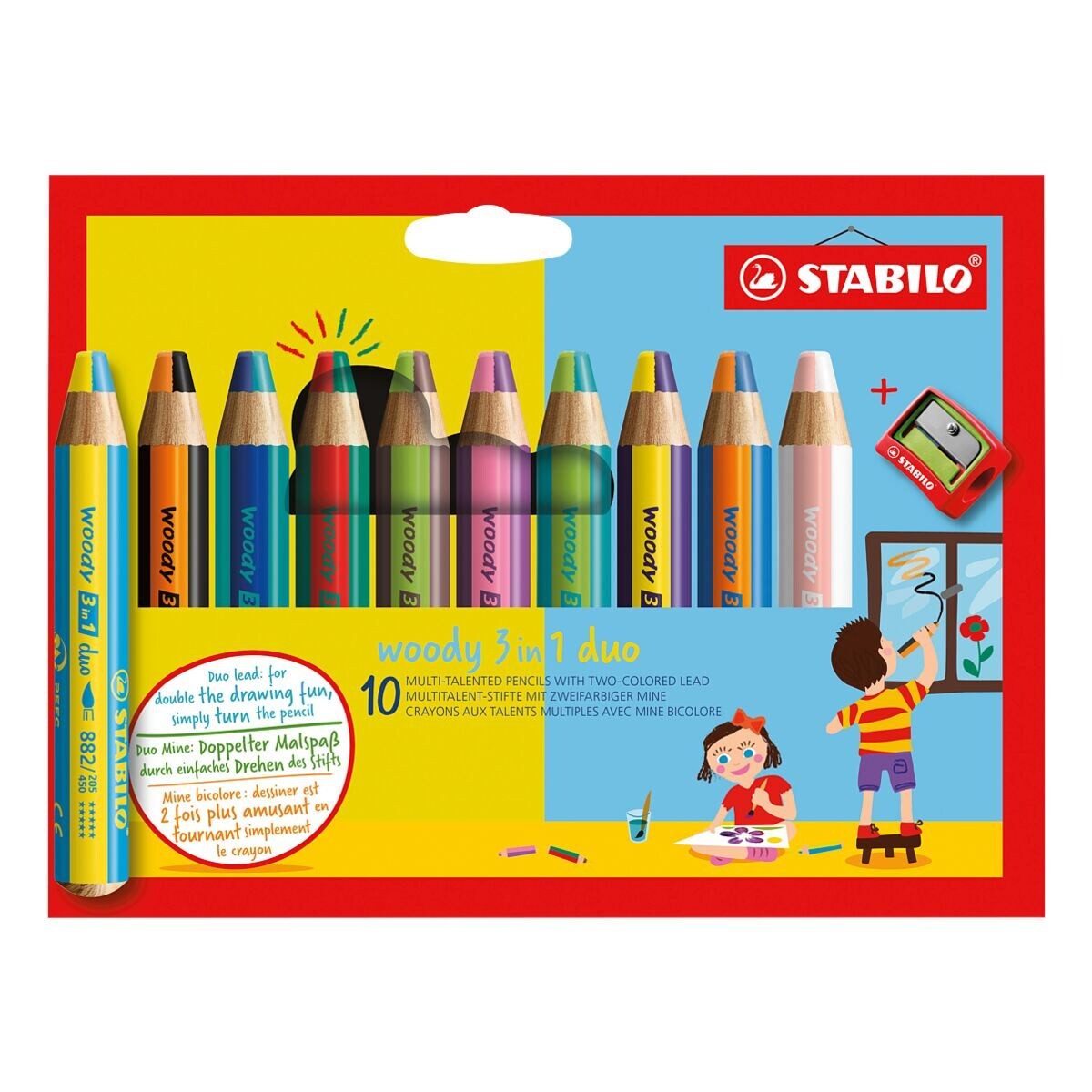 STABILO Buntstift woody 3in1 duo + Anspitzer, (10-tlg), Duo-Mine, 3in1: Farbstift, Wassermalfarbe und Wachsmalkreide