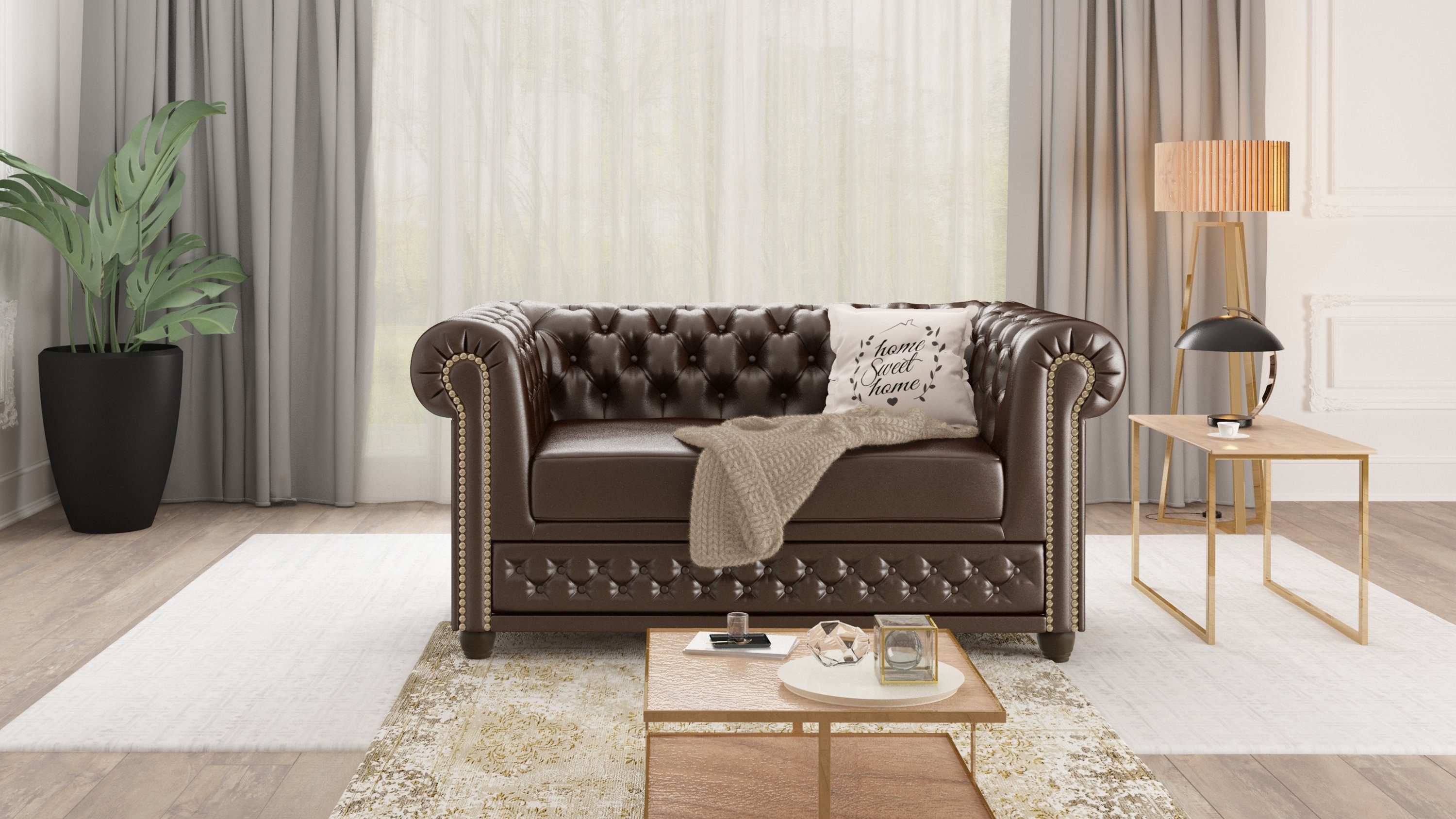 Jeff mit Wellenfederung 2-Sitzer Chesterfield Braun S-Style Sofa, Möbel