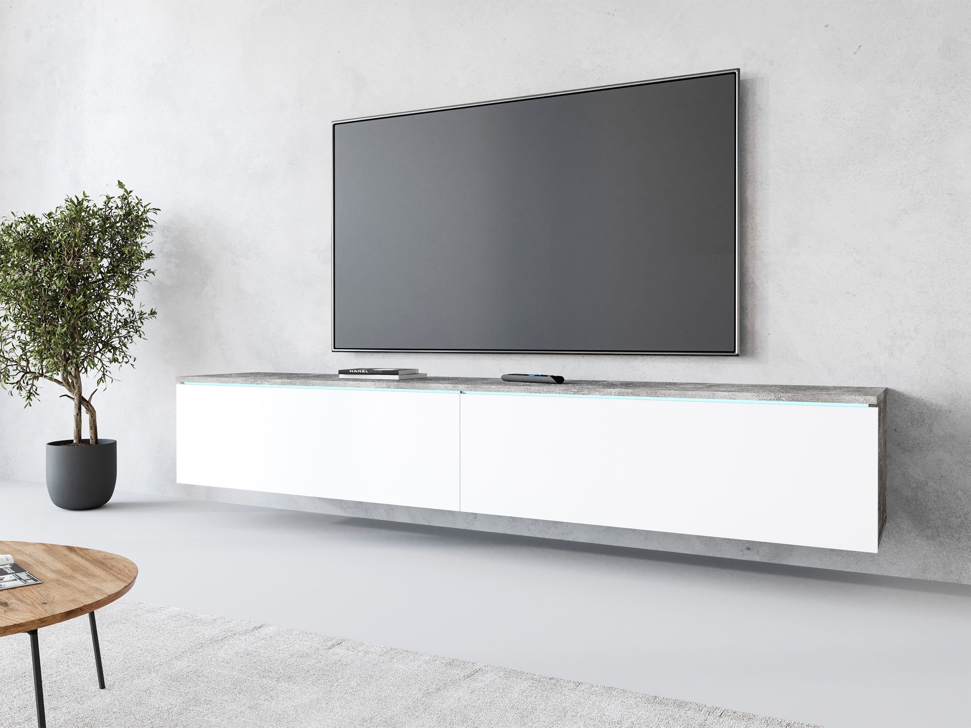 Home affaire Lowboard LOWBOARD VERA, wahlweise mit oder ohne Beleuchtung, Modernes griffloses TV-Board, 180 cm TV-Schrank, stehend und hängend