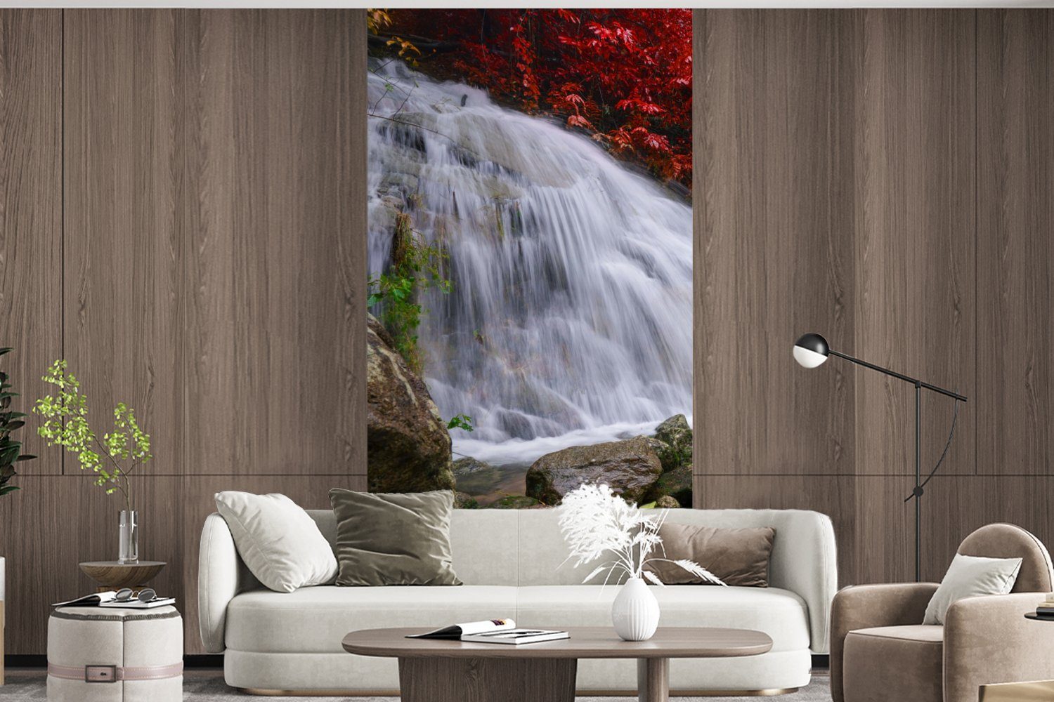 Herbst, Wohnzimmer bedruckt, St), Fototapete Wasser Wasserfall für (2 Schlafzimmer Fototapete Matt, Vliestapete MuchoWow Felsen Küche, - - -