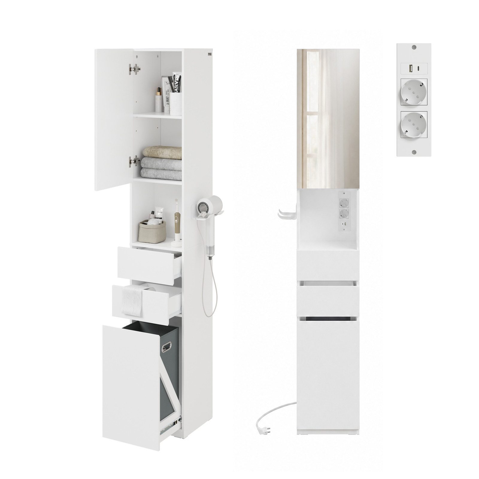 SoBuy Hochschrank BZR240-E, Badezimmerschrank schmal, Spiegelschrank mit Steckdose, Weiß (1er Set) Badschrank mit Spiegel und Steckdose, Wäschekorb und Haken für Bad