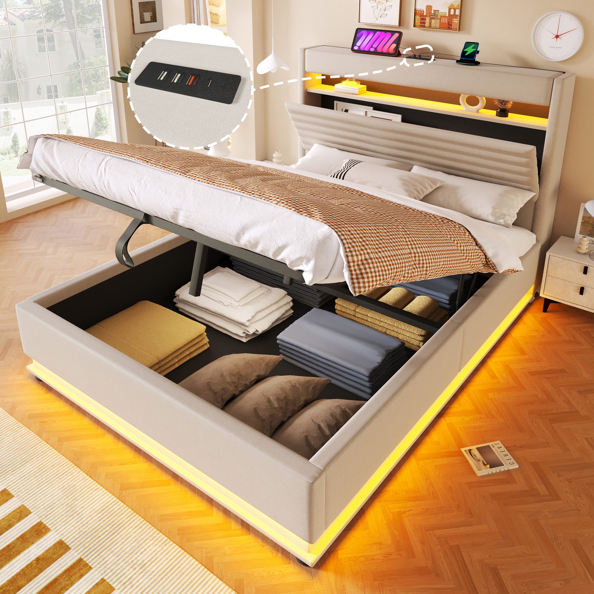 Merax Polsterbett mit LED-Beleuchtung und USB/Typ-C Ladefunktion (Leinenstoff, 1-tlg., Mehrzweckbett), Doppelbett 140x200cm mit hydraulischem Stauraum & Flip-Top-Staufach