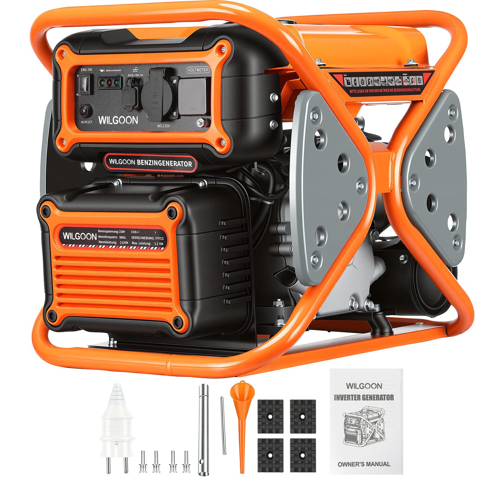 WILGOON Stromerzeuger BS3250i 4 Takt Stromerzeuger Generator 7.0 HP MAX. 3200 W, 3,2 in kW, Benzin Generator 230V Steckdose für Camping und Wohnmobile 28kg
