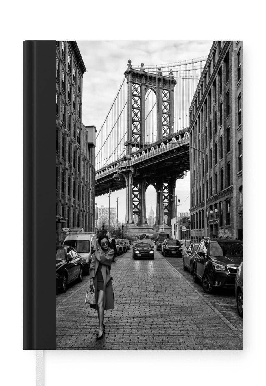 MuchoWow Notizbuch New York - Manhattan - Brücke - Schwarz - Weiß, Journal, Merkzettel, Tagebuch, Notizheft, A5, 98 Seiten, Haushaltsbuch