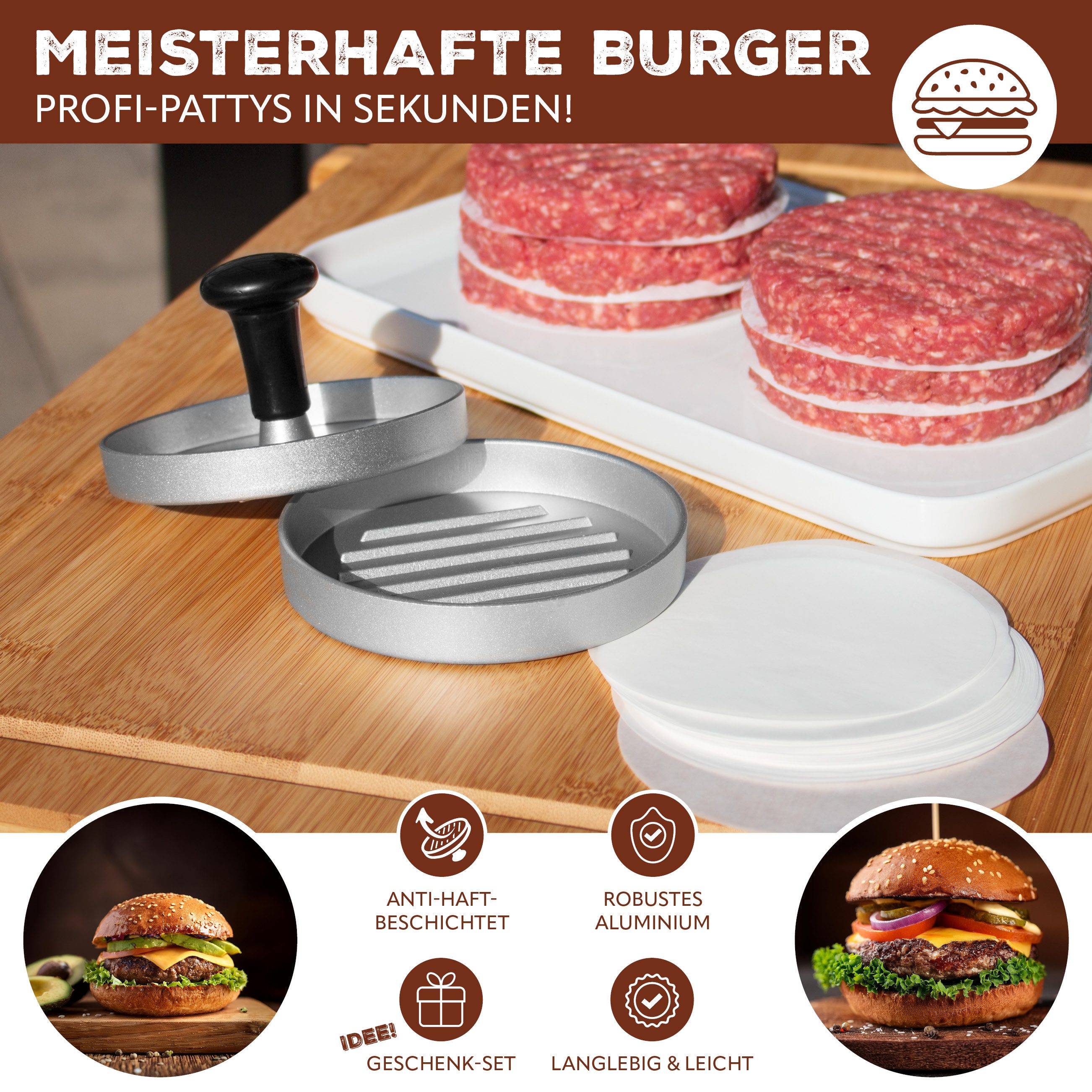 bremermann Burgerpresse Burgerpresse // inkl. 50x Antihaft-Trennblätter // Hamburgerpresse (1 St), Aluminium, mit 50 Blatt Papier