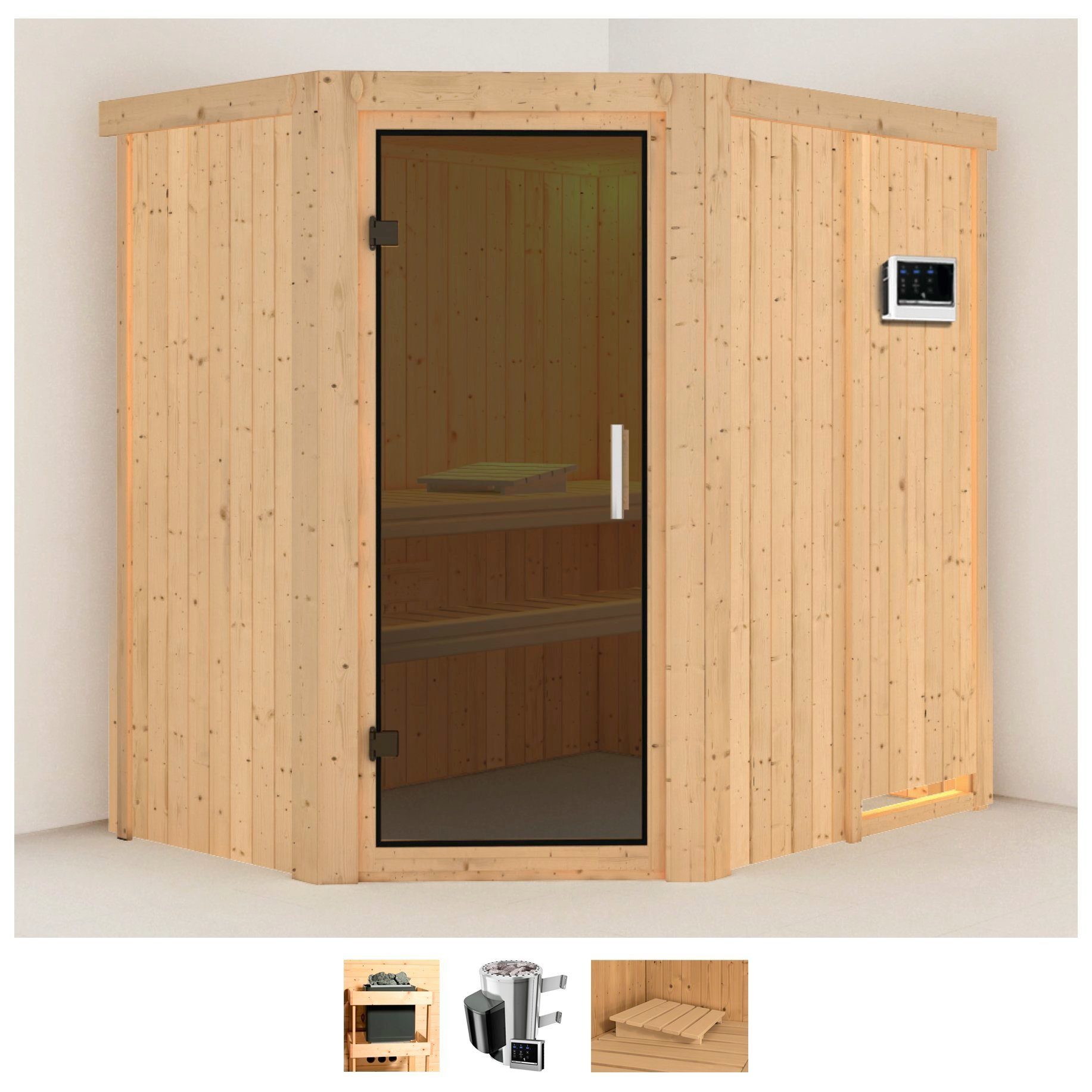 Karibu Sauna Swantje, BxTxH: 151 x 196 x 198 cm, 68 mm, (Set) Ofen 3,6 kW externe Strg.easy