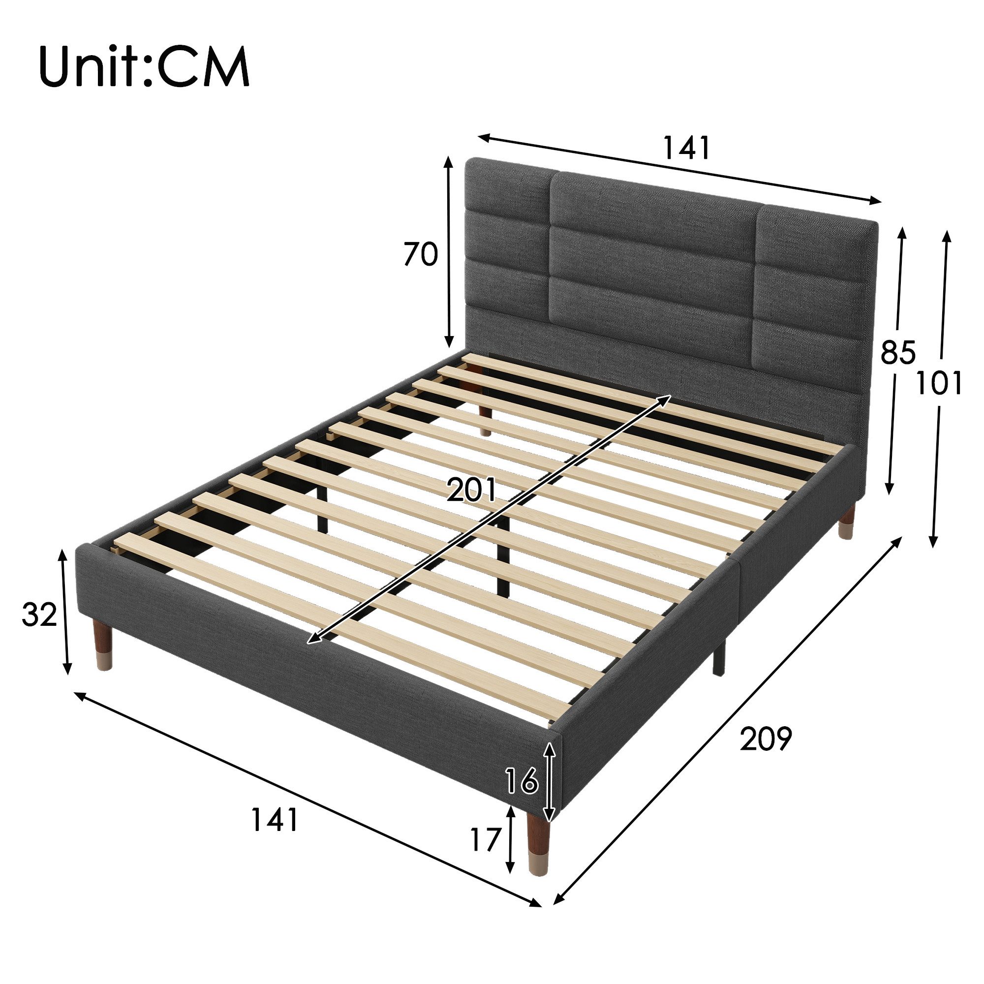 Ulife Polsterbett Dunkelgraues Doppelbett mit Lattenrost günstig online kaufen