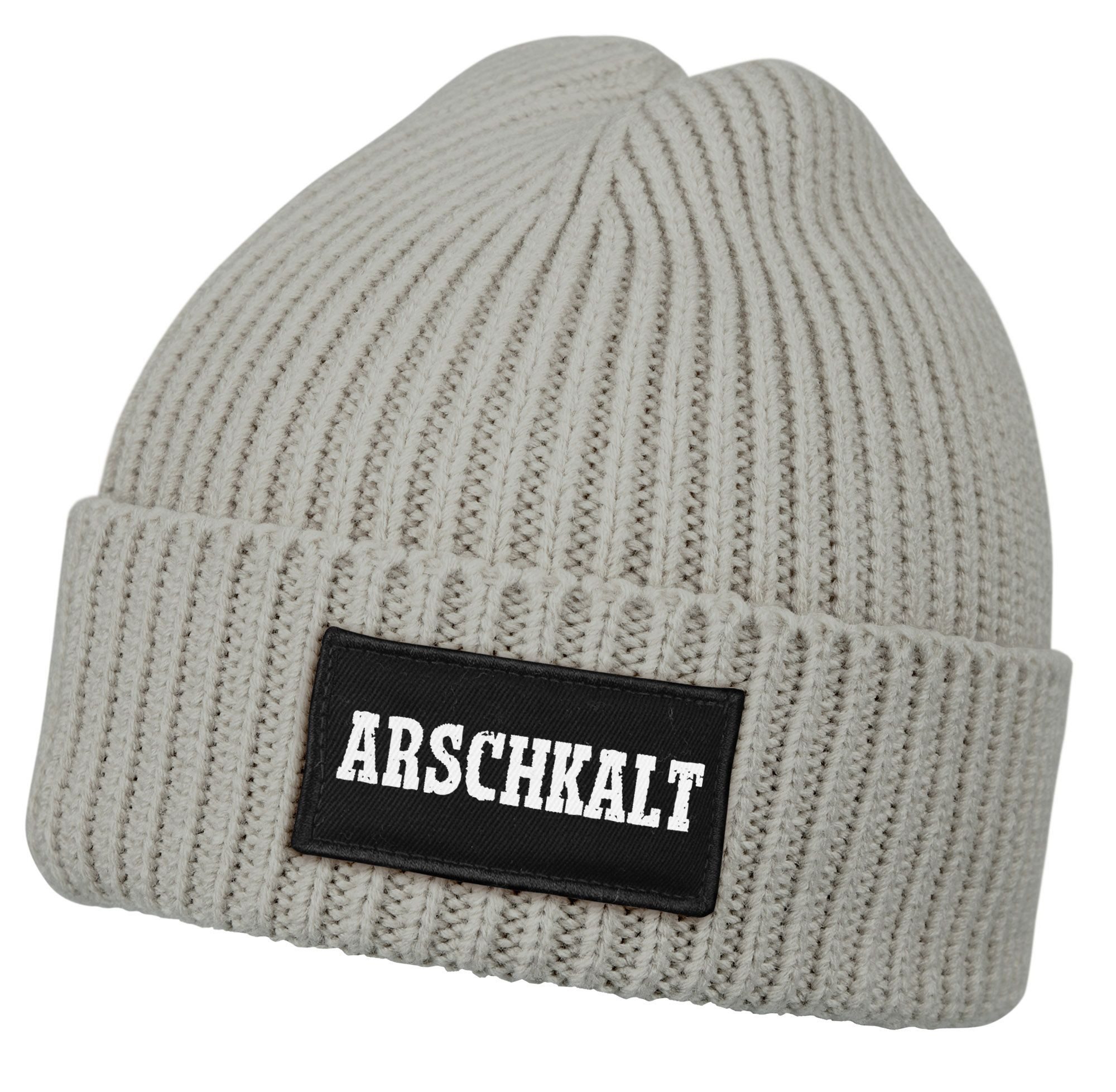 Strickmütze Herren Beanie mit Patch Strickmütze mit Spruch Arschkalt Aufdruck