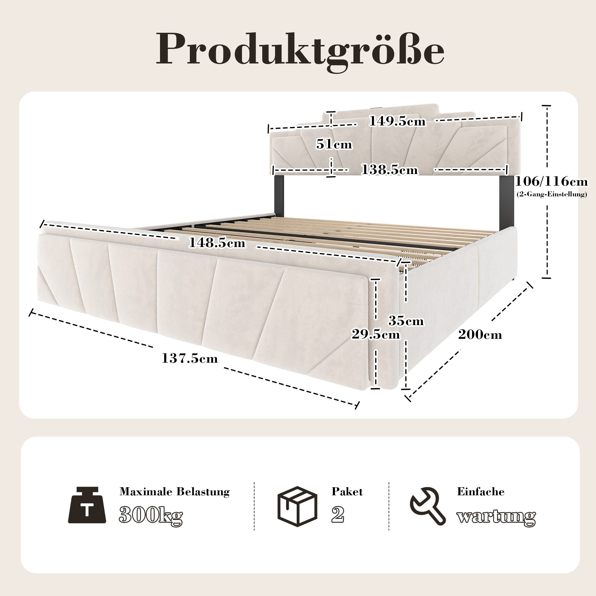 Celya Polsterbett Doppelbett mit einzigartigem trapezförmigem Kopfteil (USB günstig online kaufen