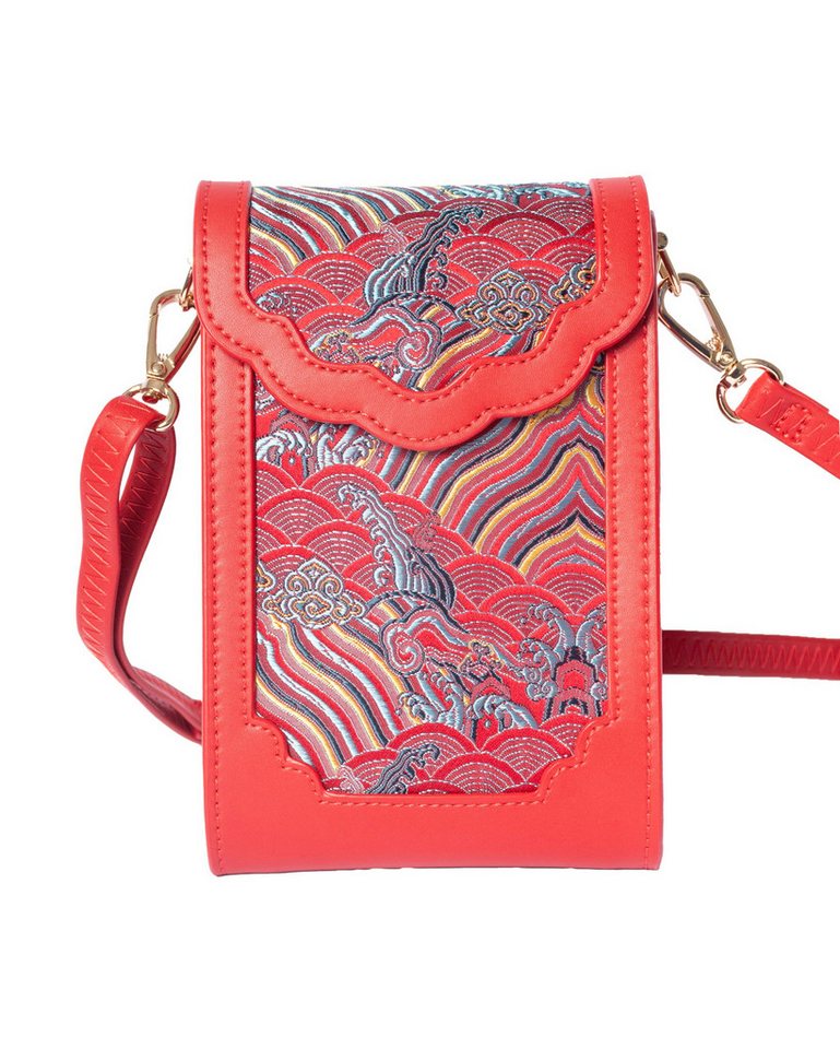MayTree Umhängetasche Premium Rindsleder mit 100% Seide, rot, Handytasche, Cross-Body Tasche (Stück, 1-tlg), im eleganten Look aus Leder und Seide, Minibag, Handtasche, Geldbörse