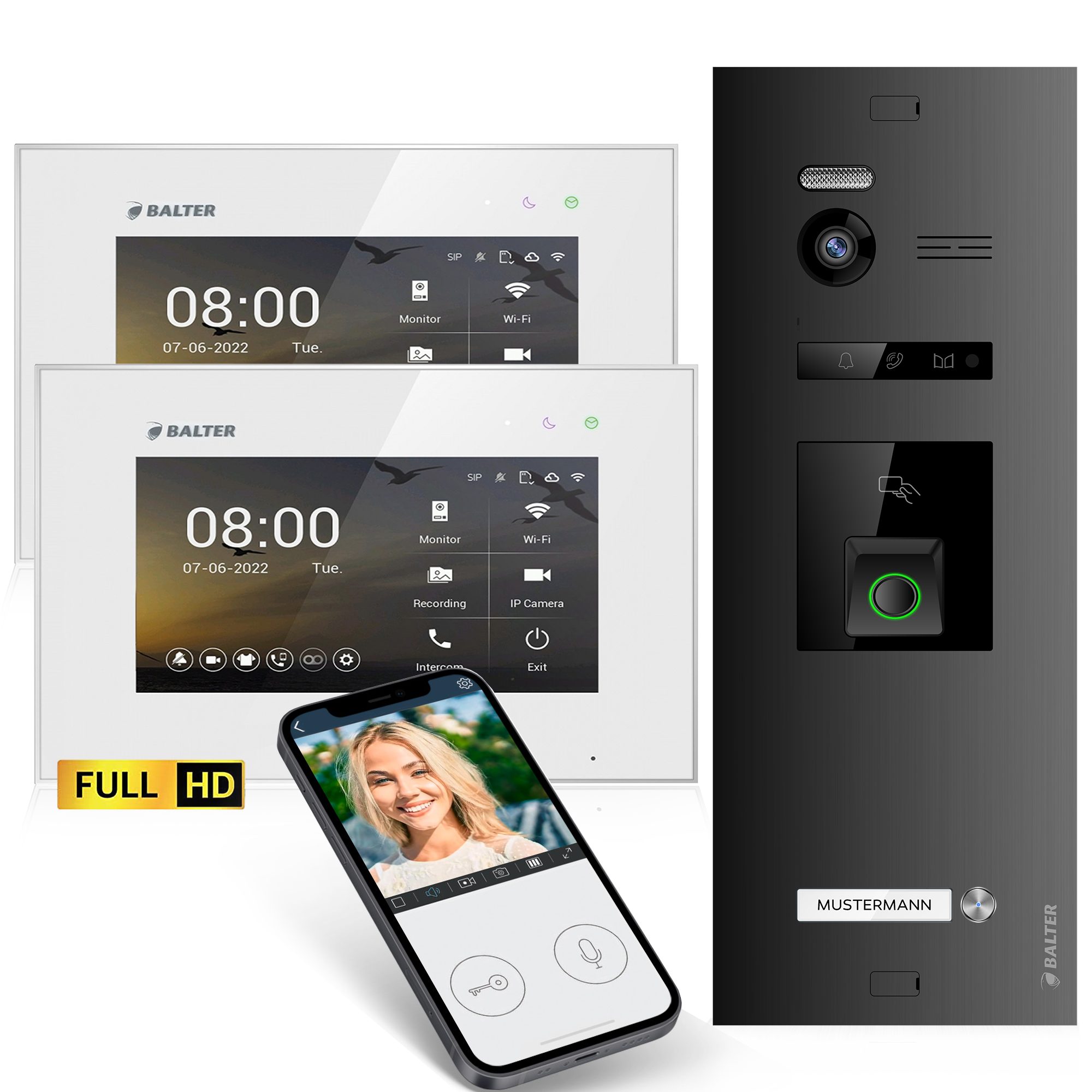 Balter Video-Türsprechanlage EVO HD Fingerprint RFID und App für 1 Familienhaus, 2x Monitor (Einfamilienhaus, Komplettset, 2-tlg., App, Fingerprint, RFID, 2-Draht-Bus)