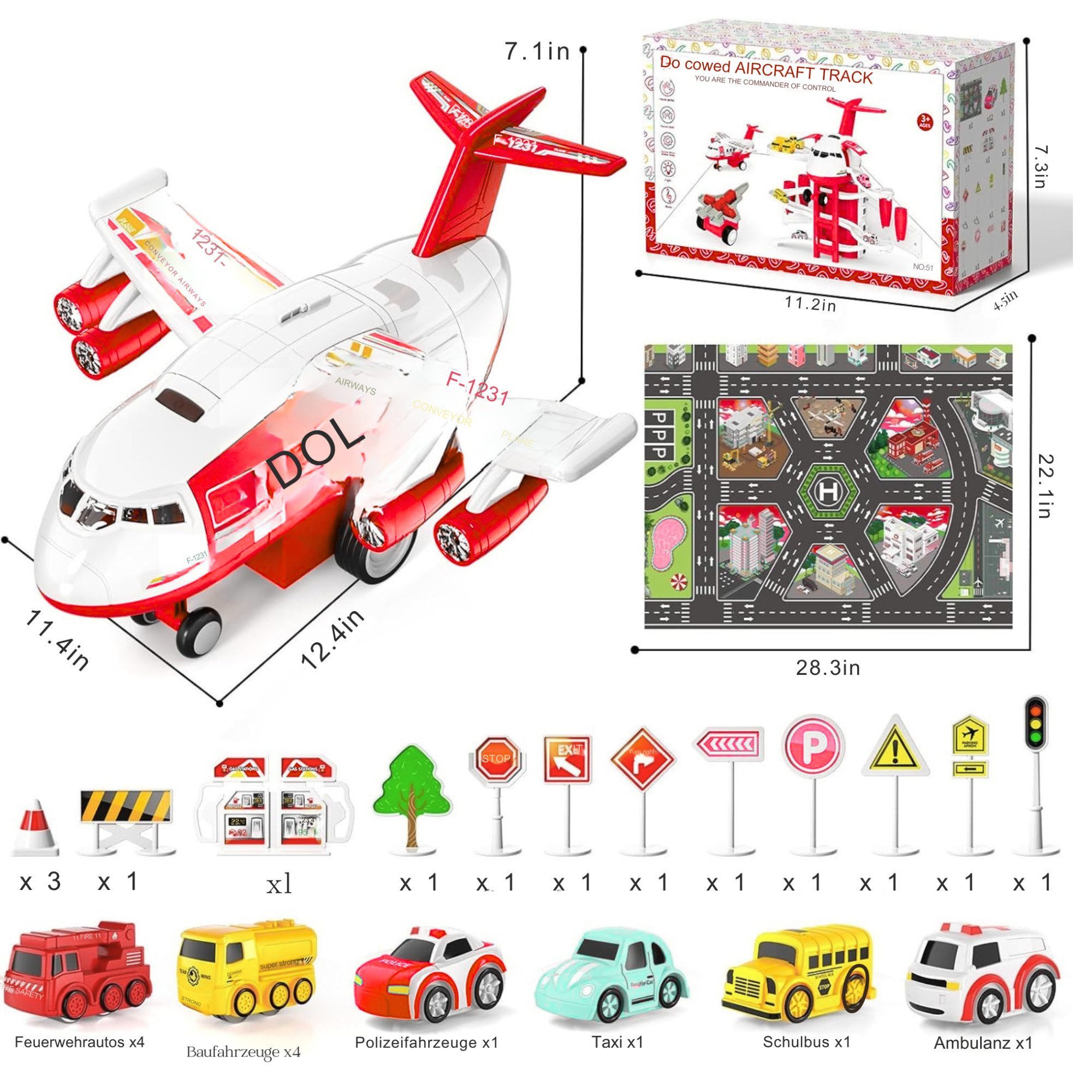 Vivitar Spielzeug-Flugzeug mit 12 Stadtautos & Rennstrecke Rennbahn Auto Spielzeug für Kinder, (Das beste Geschenk für Kinder ab 3 Jahren, Fahrzeug- und Flugzeugspielzeugset, komfortable & einzigartige Aktivität Spielmatte genug für 2-4 Spieler)