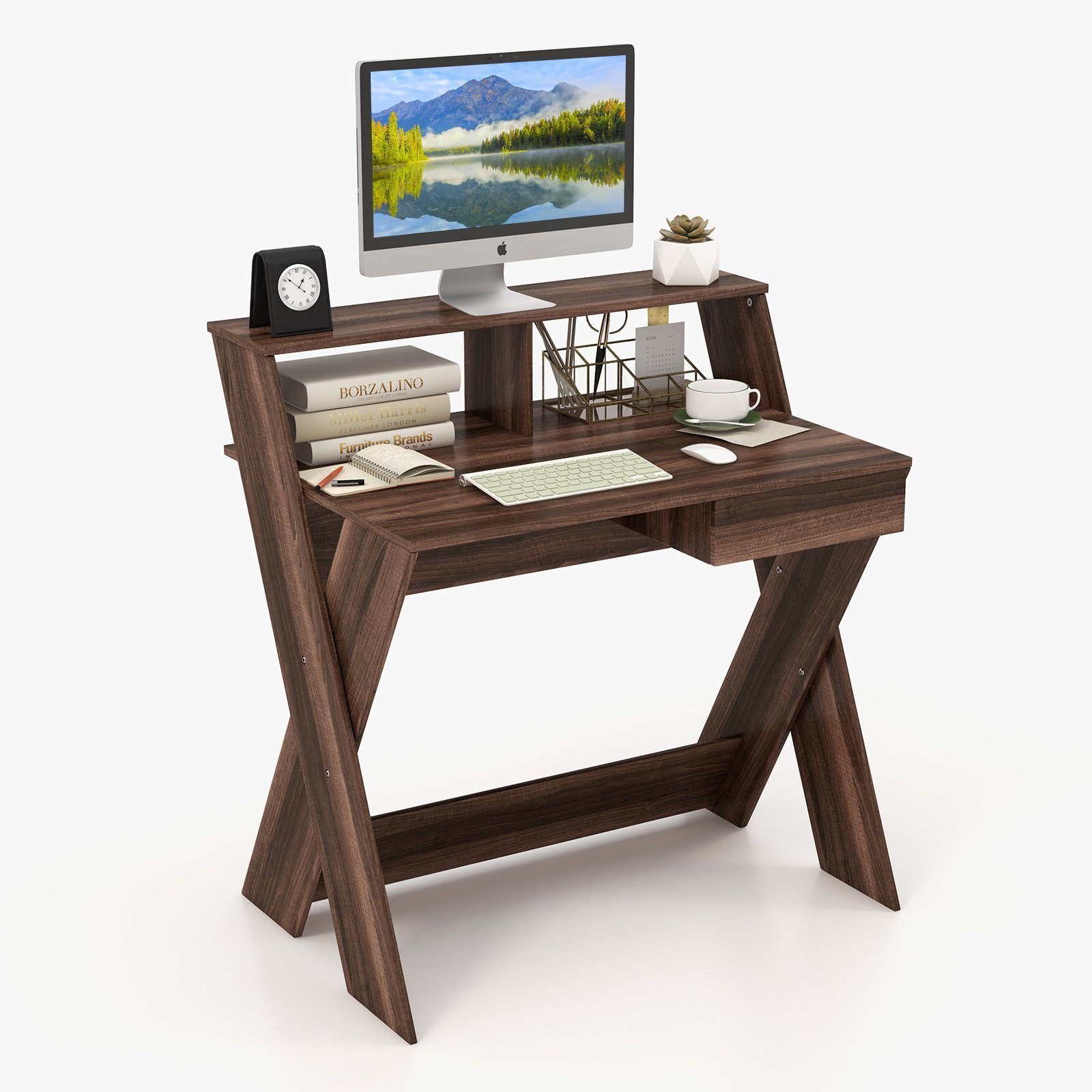 Braun Computertisch, Holz, Monitorerhöhung, mit 90x61x94cm & COSTWAY Schublade