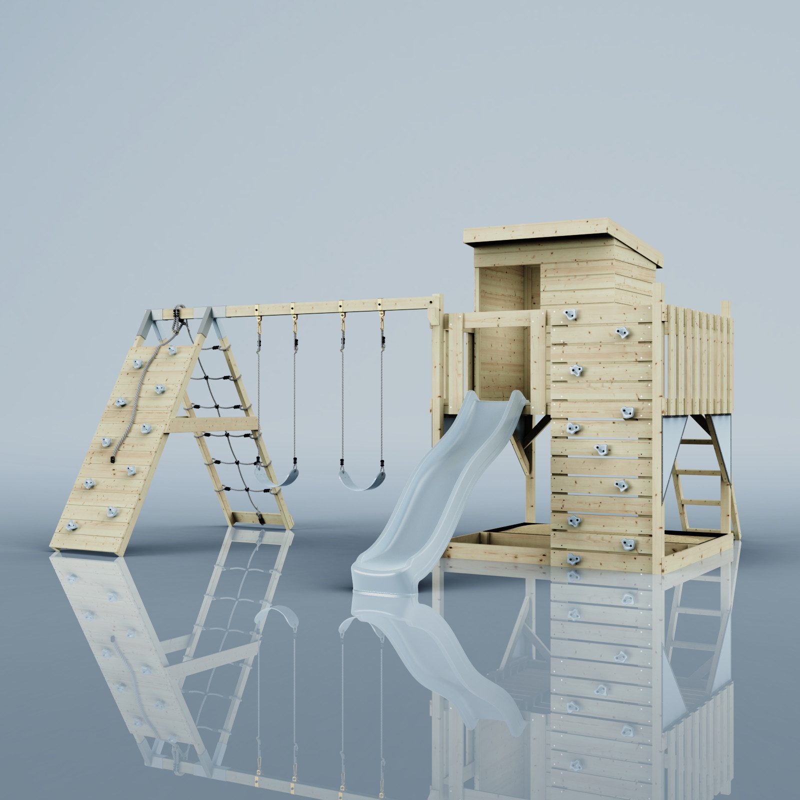 OutdoorToys Spielturm Frida, aus Holz in Eisblau mit Kinderschaukel & Rutsche, Kletterwand