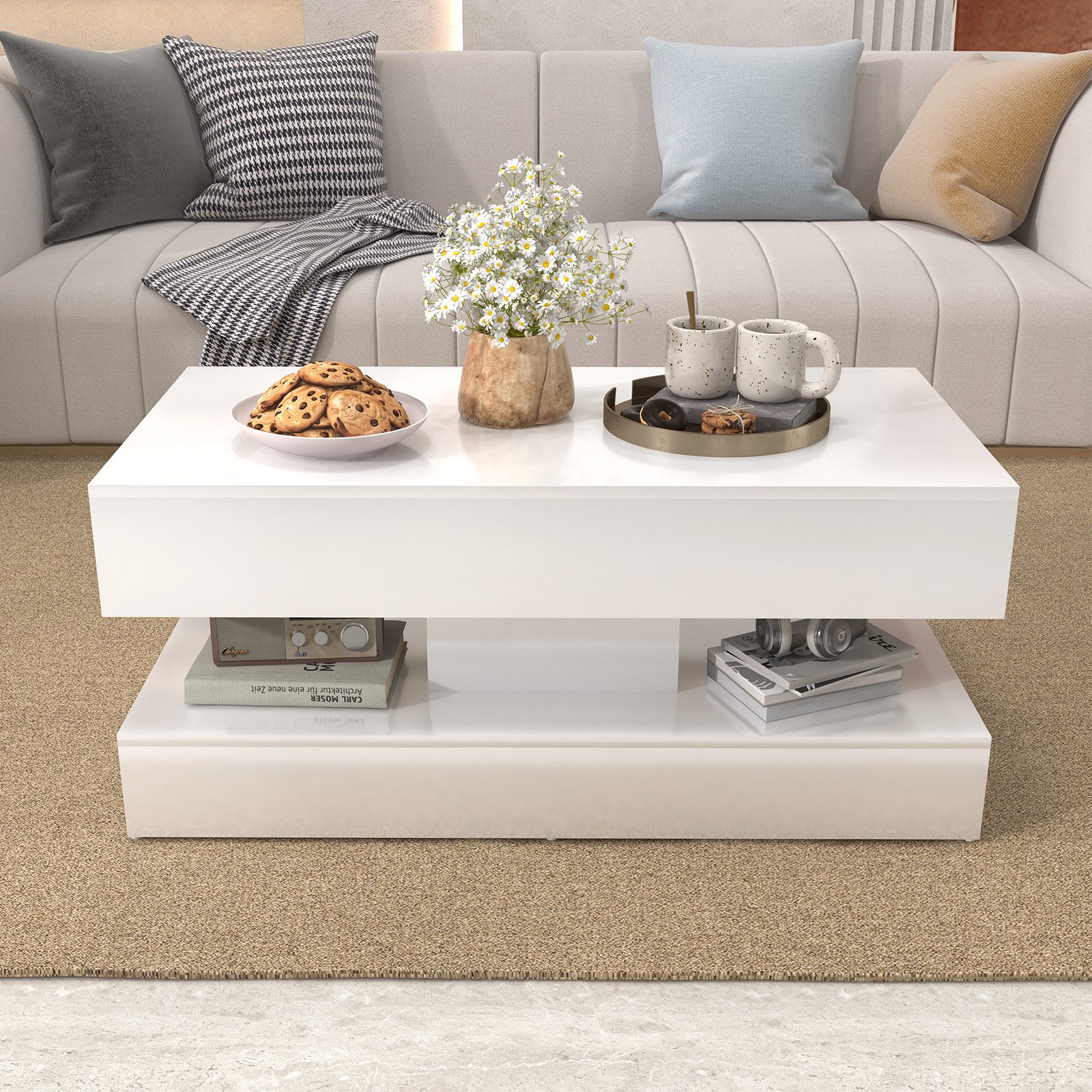 JOIVI Couchtisch Couchtisch im Hochglanz Moderner Kaffeetisch mit 2 Schuhbladen (Wohnzimmertisch in 100 x50x45cm), Sofatisch für Wohnzimmer, Schlafzimmer, Büro, Weiß