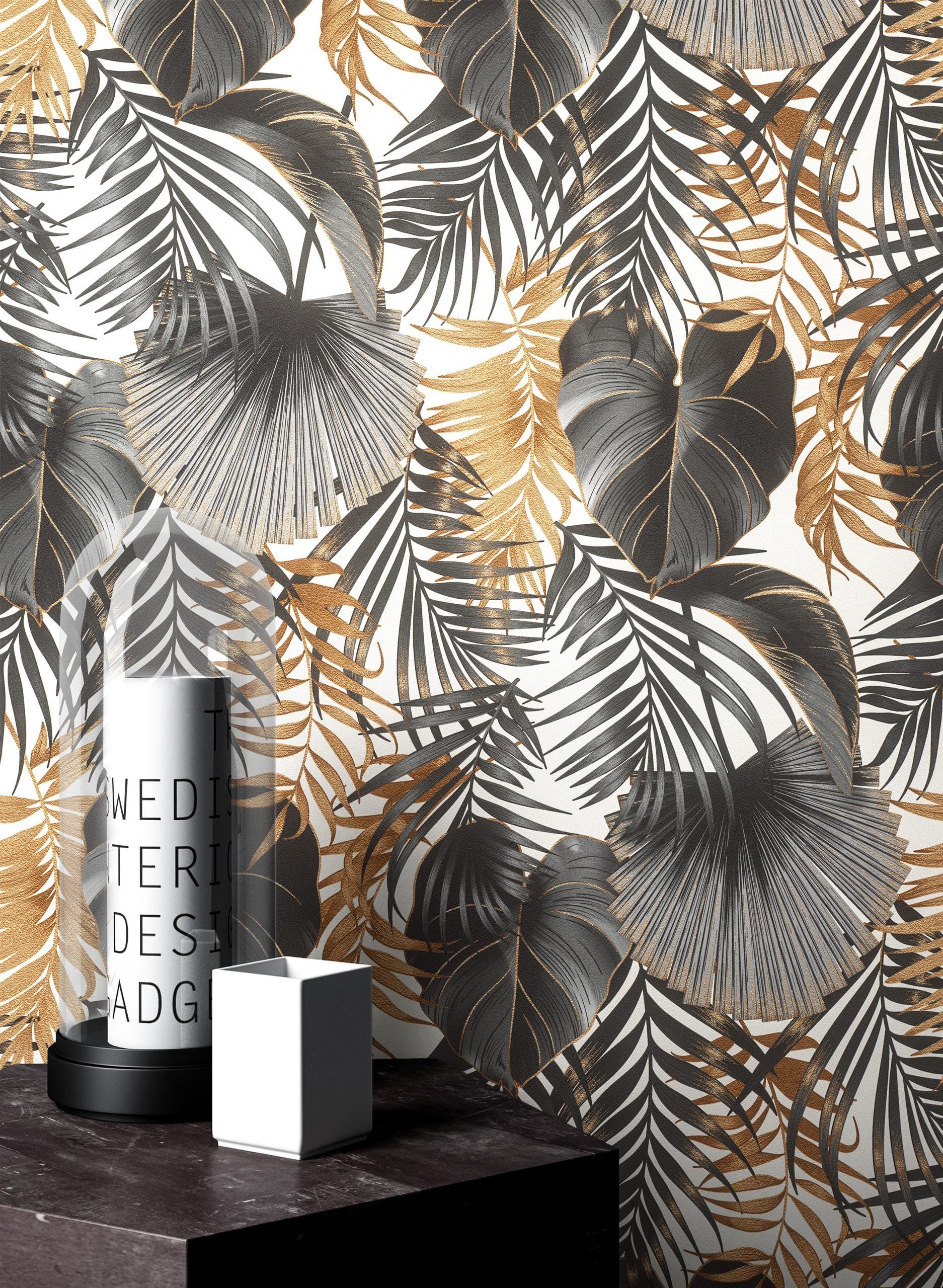Newroom Vliestapete Milandu Tapete Dschungeltapete Dschungel,Blätter,Palmenblätter, Schwarz Tapete Modern Dschungel - Dschungeltapete Palmen Anthrazit Bronze Tropisch Floral Blätter Palmenblätter für Wohnzimmer Schlafzimmer Küche, Palmen