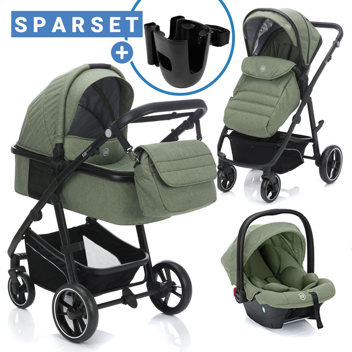 Fillikid Kombi-Kinderwagen Fill Jaguar - Grün Melange, 3in1 Kinderwagen mit Babyschale, Babywanne, Sportsitz & Wickeltasche