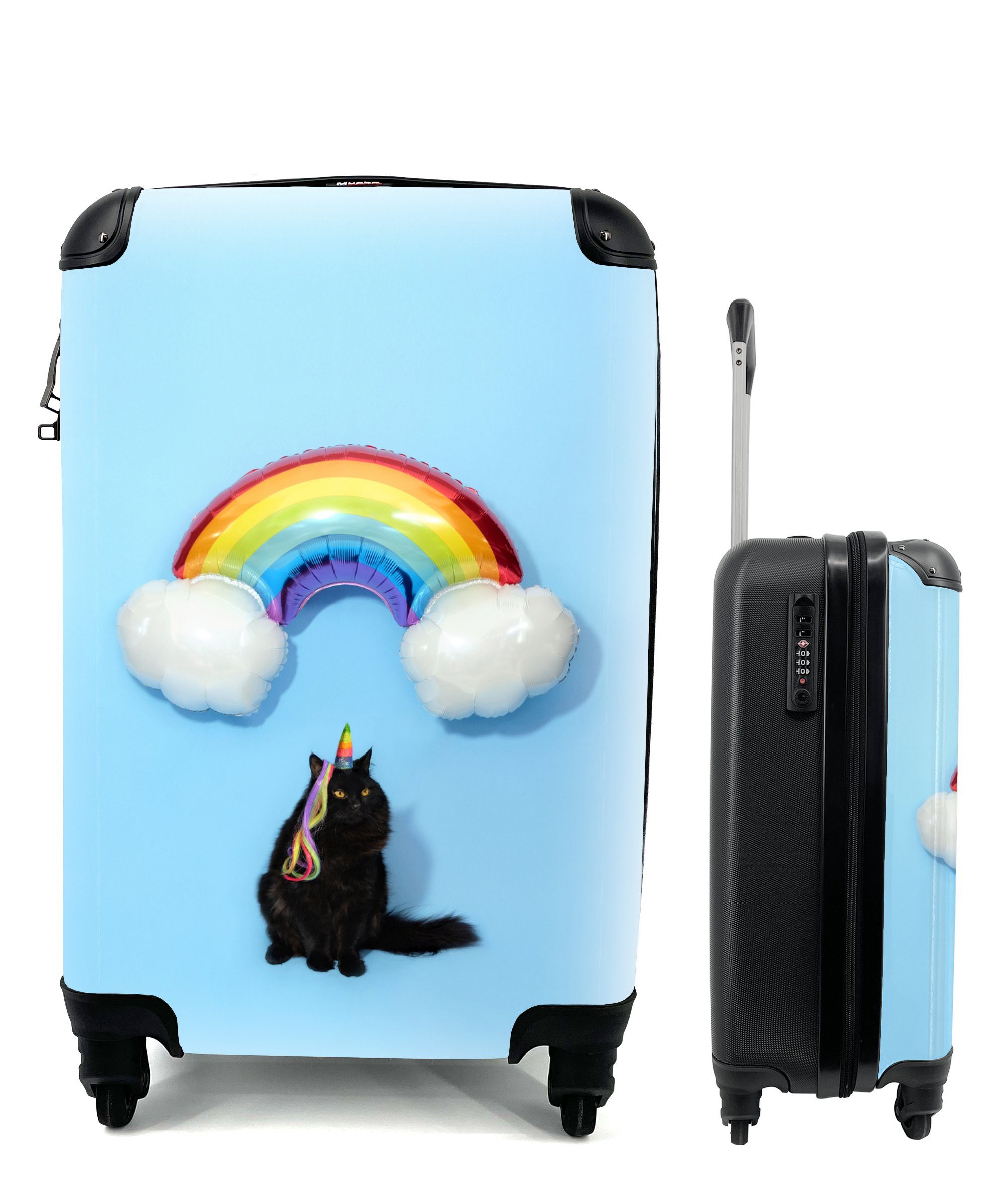 MuchoWow Handgepäckkoffer Katze mit einem Regenbogenballon, 4 Rollen, Reisetasche mit rollen, Handgepäck für Ferien, Trolley, Reisekoffer