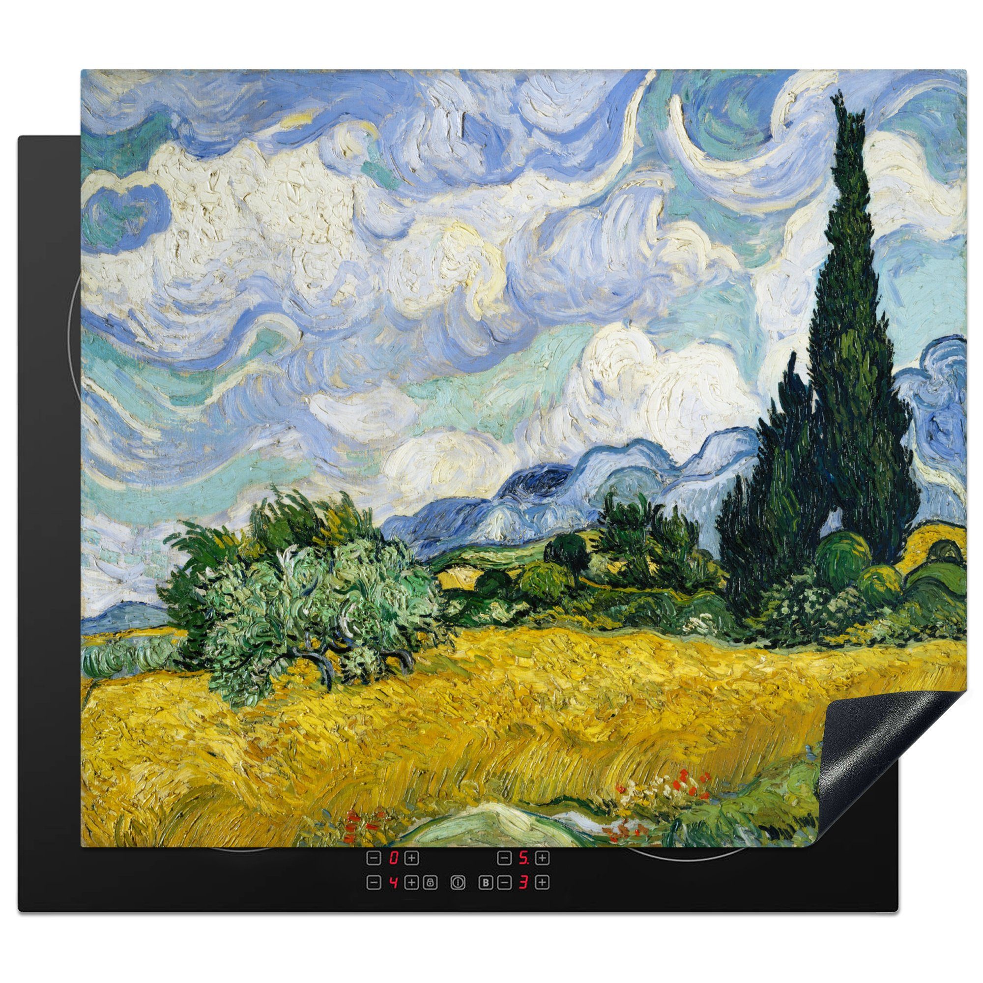 MuchoWow Herdblende-/Abdeckplatte Weizenfeld mit Zypressen - Vincent van Gogh, Vinyl, (1 tlg), 59x52 cm, Ceranfeldabdeckung für die küche, Induktionsmatte