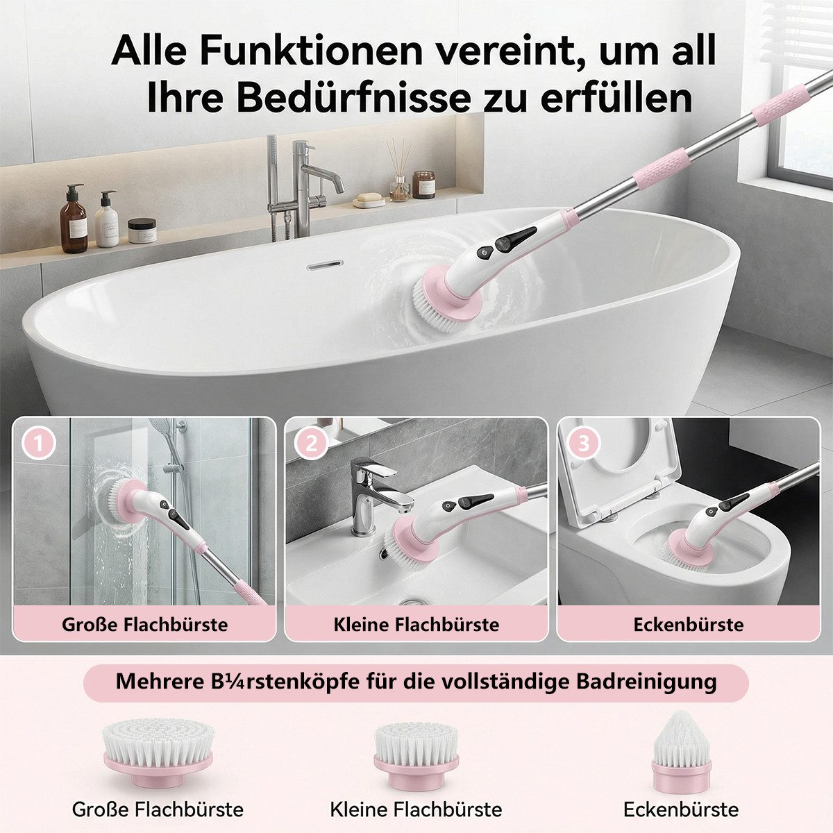 PRASKY Elektro-Oberflächenbürste Elektrische Reinigungsbürste IPX8 wasserdicht mit 9 Bürstenköpfen, Spar-Set, 1-tlg., IPX8 wasserdicht, 9 Bürstenköpfe, Mit 9 au – Bild 5 von 5