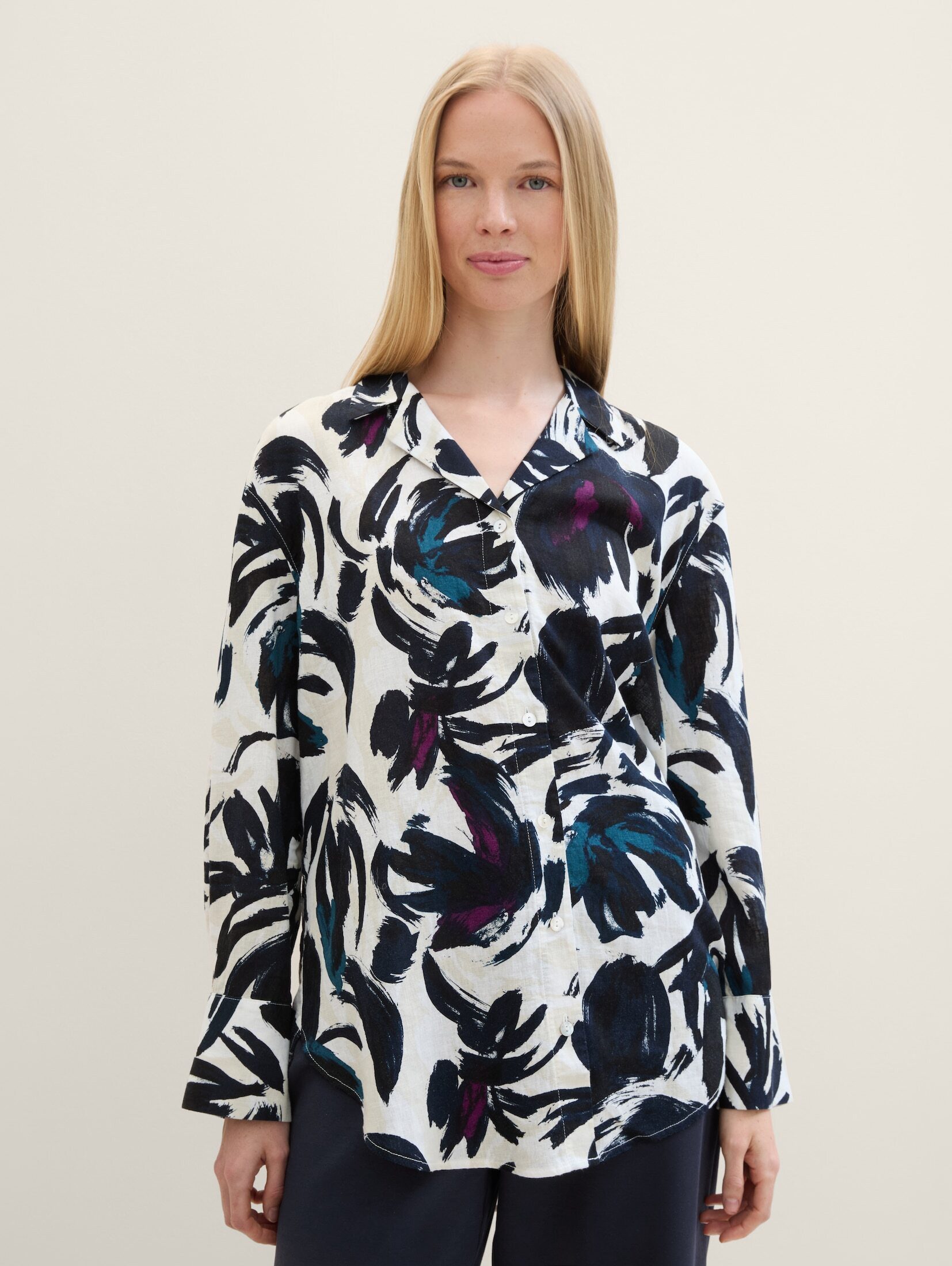 Langarmbluse Oversized Bluse mit Leinen
