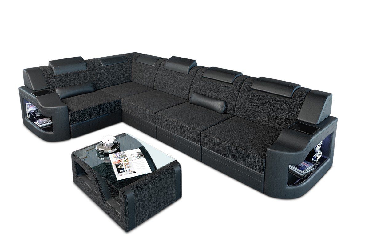 Sofa Dreams Stoffsofa, Design schwarzgrau-schwarz Sofa Couch Bettfunktion Strukturstoff Stoff L mit H Ecksofa Form Polster wahlweise Padua