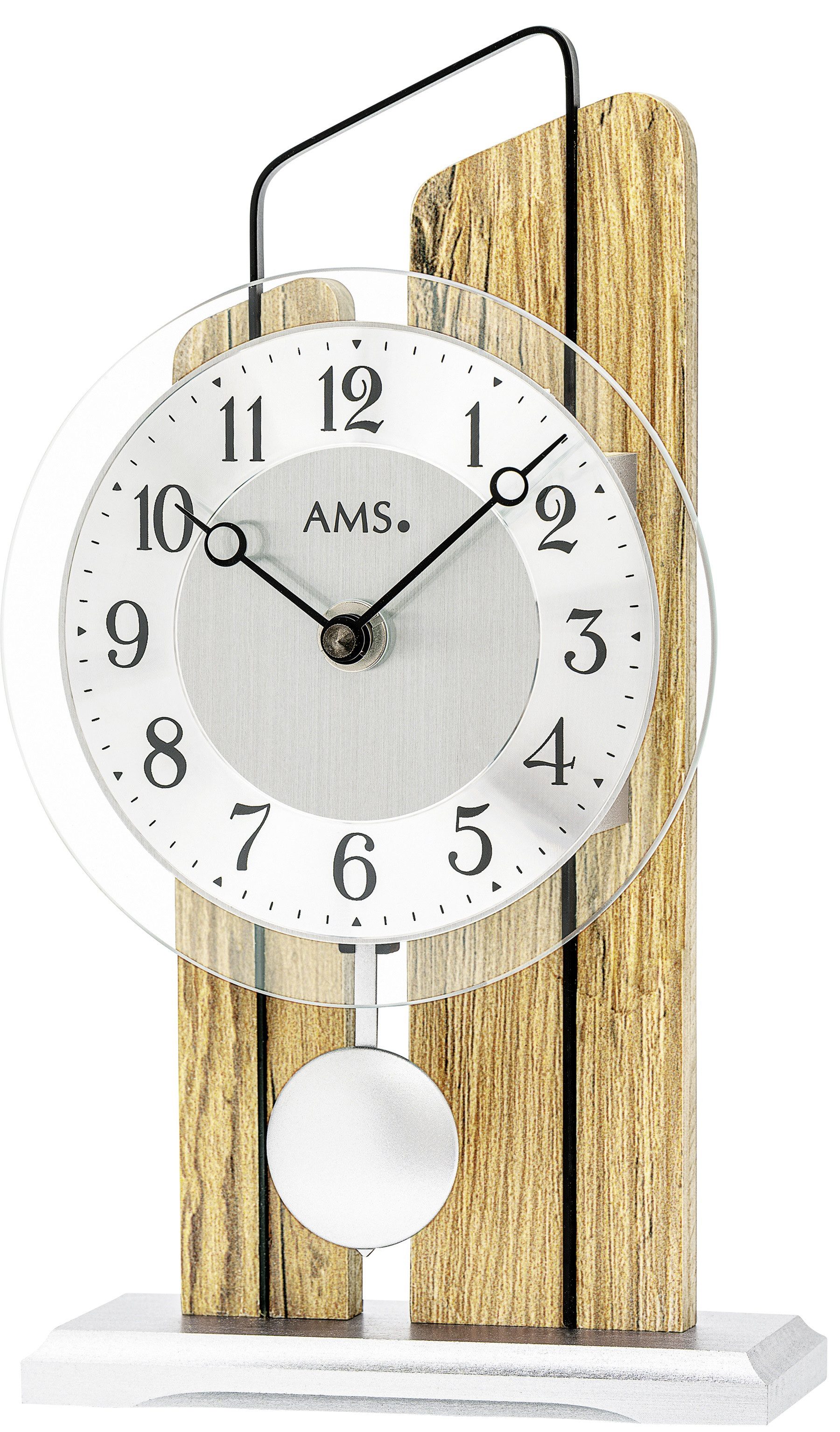 AMS Pendeltischuhr Tischuhren mit Pendel, Metall-Holz-Glas Kombination