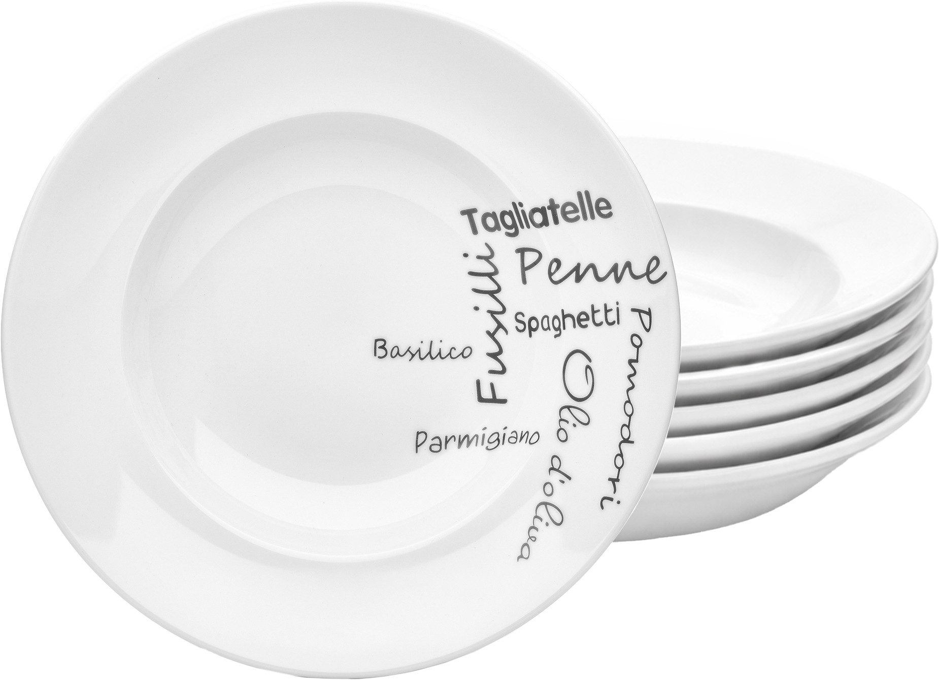 van Well Pastateller Teller Set, Italia, Teller 27 cm, 6 Stück, (6 St), Porzellan, Typografie-Design, spülmaschinen-/mikrowellengeeignet