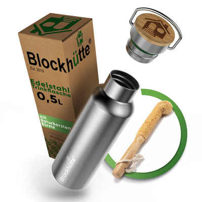 Blockhütte Isolierflasche »Edelstahl Trinkflasche isoliert mit Naturborsten Flaschenbürste«, Auslaufsicher, Robust, Bruchfest, Hitzebständig, Kohlensäurebeständig