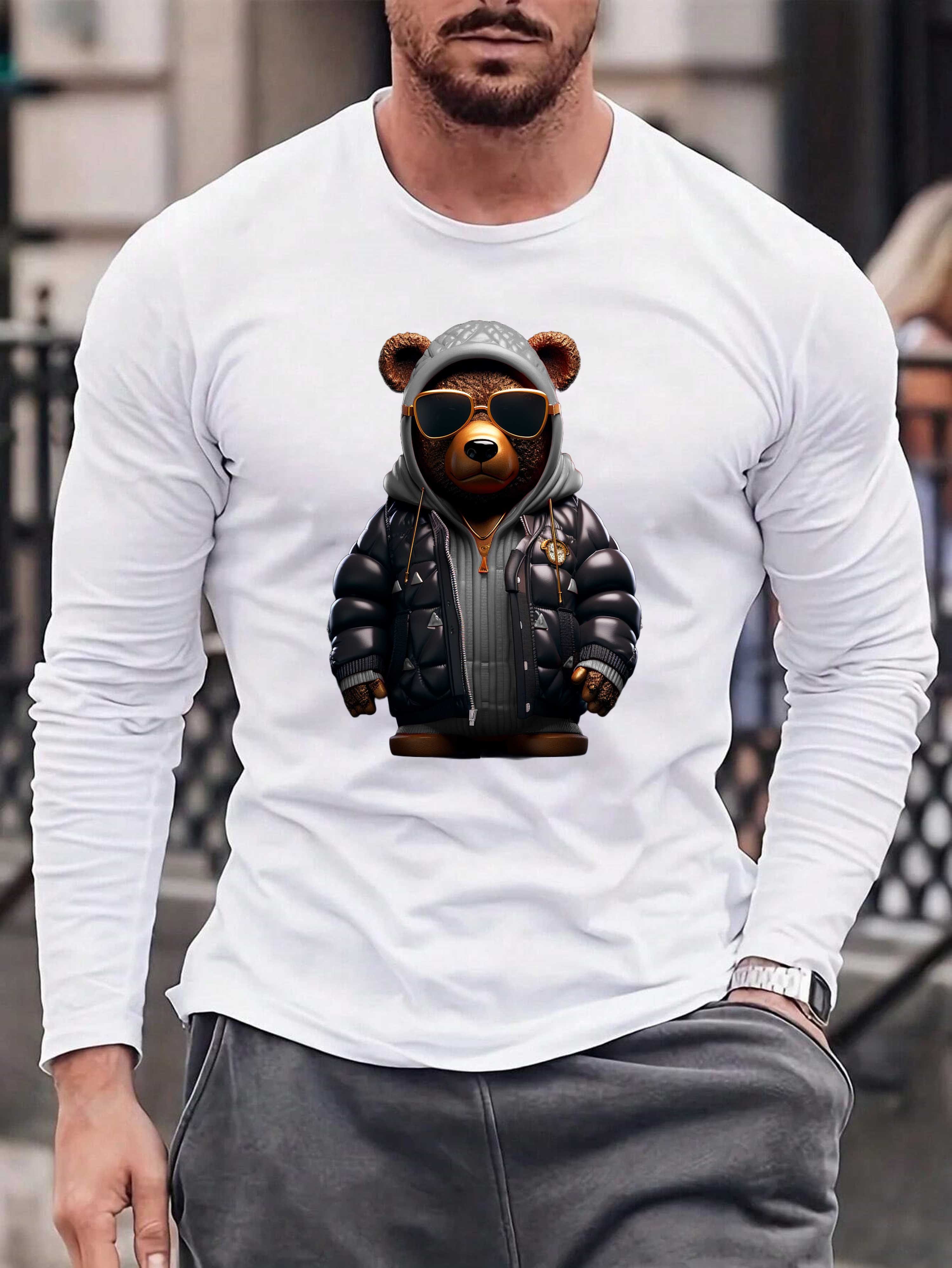 mit Print Basic Weiß-Grau Herren RMK Gangster Rundhals Lizenziertem Baumwolle, Langarmshirt Teddybär Longsleeve aus