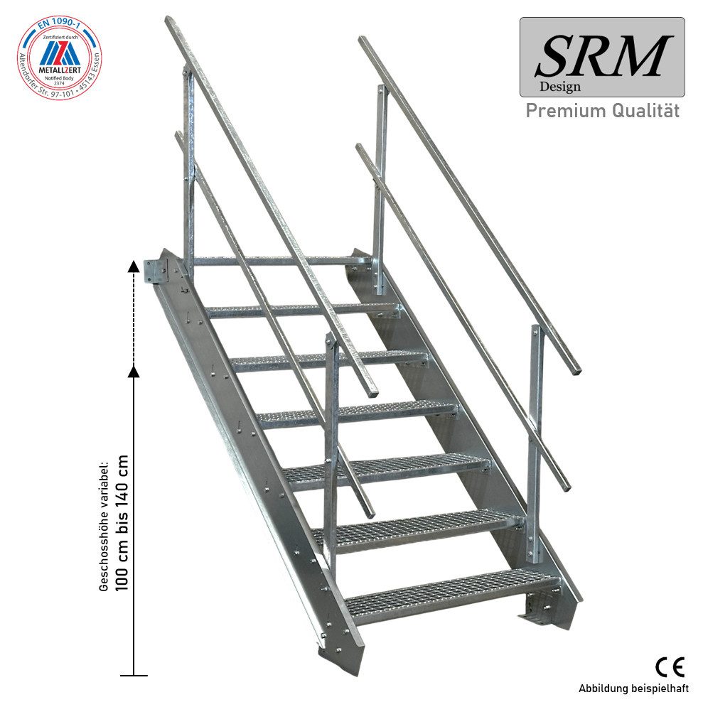 SRM Design Außentreppe 7 Stufen Stahltreppe 80cm Breite, Höhe 100-140cm, 2x Geländer Rund