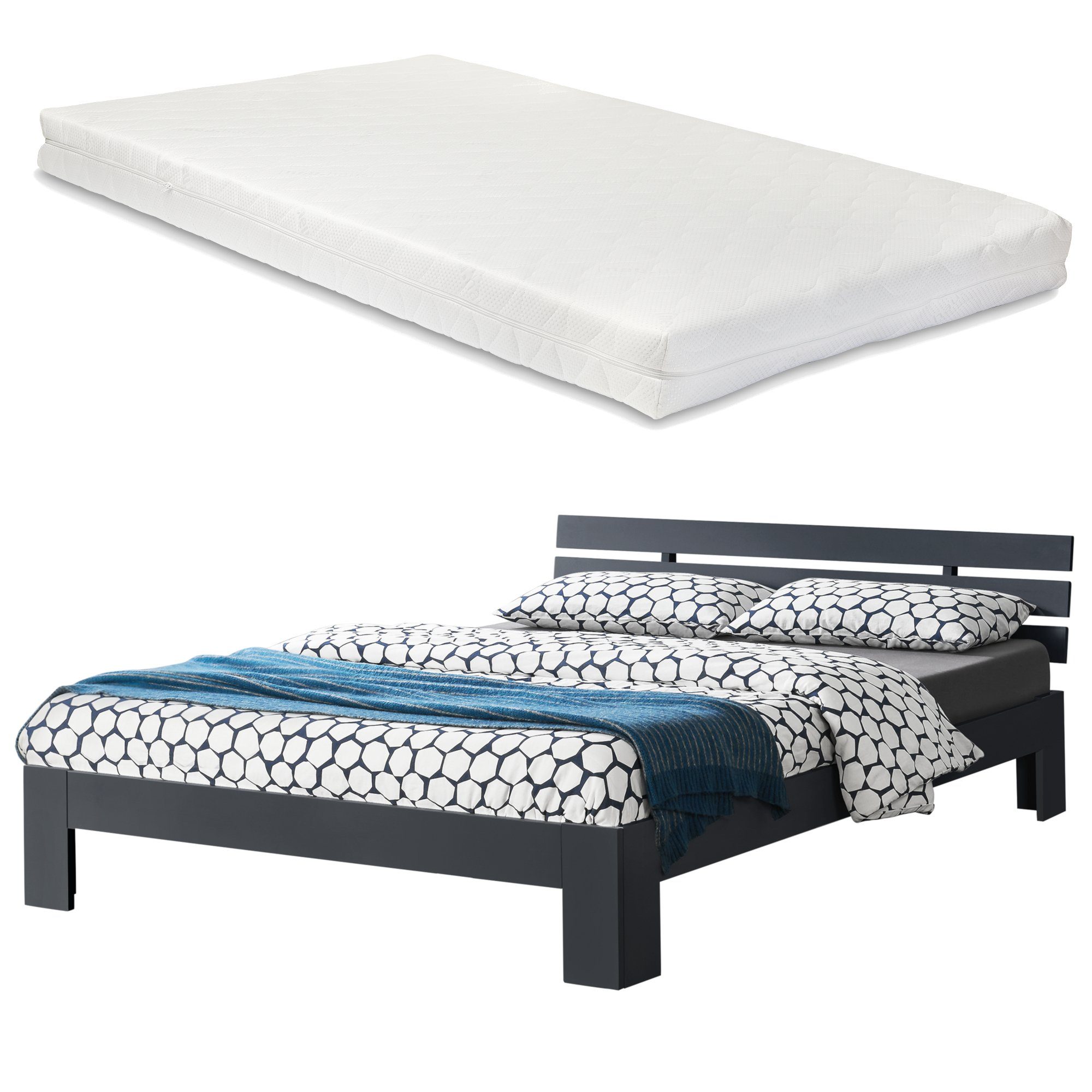 en.casa Massivholzbett, Avesta Ehebett mit Kaltschaummatratze Dunkelgrau 140x200 cm