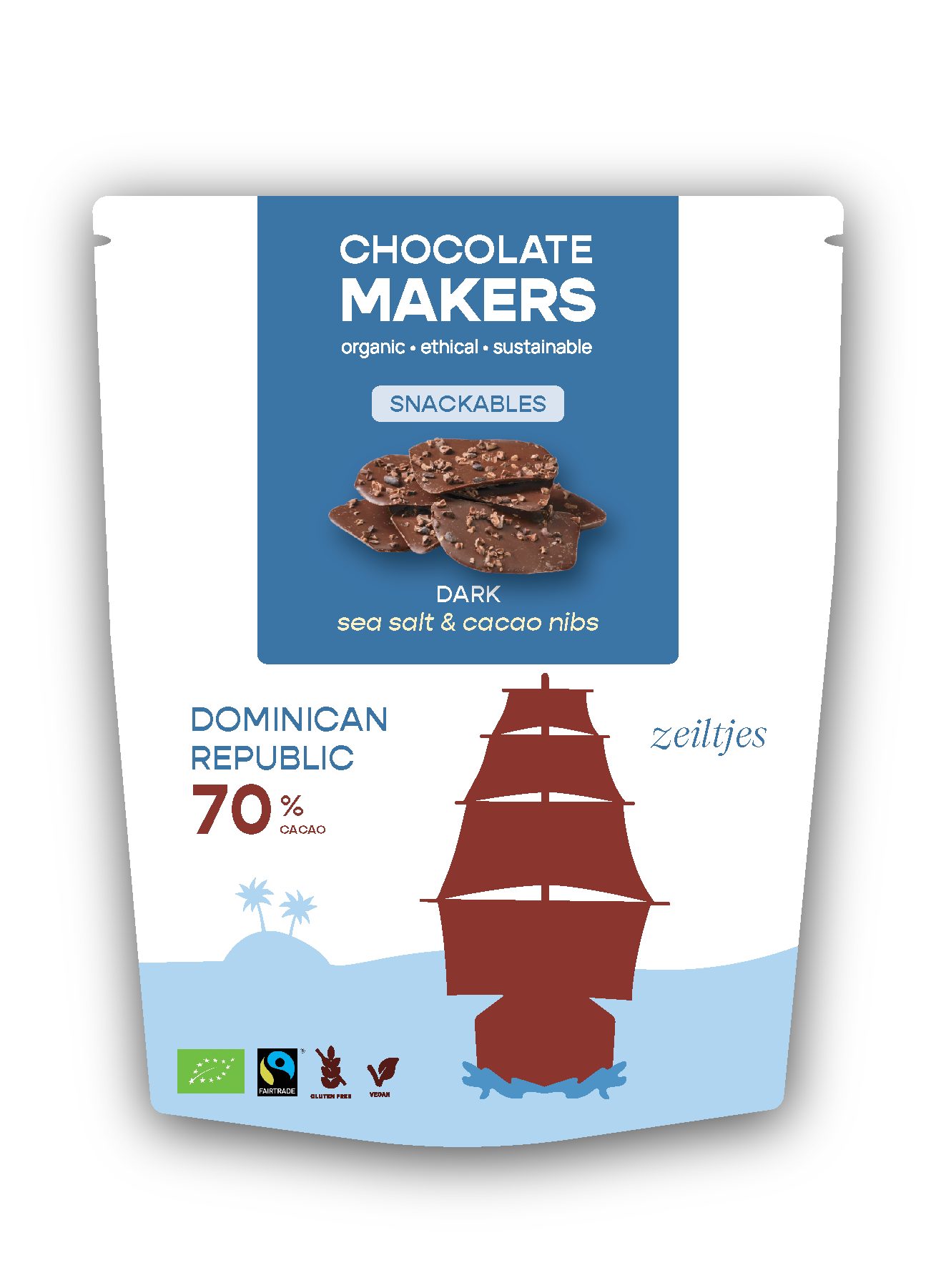 El Puente Kakao Segel-Zartbitterschokolade 70% Kakaonibs & Salz, Fair Trade, Vegan, Fair Trade