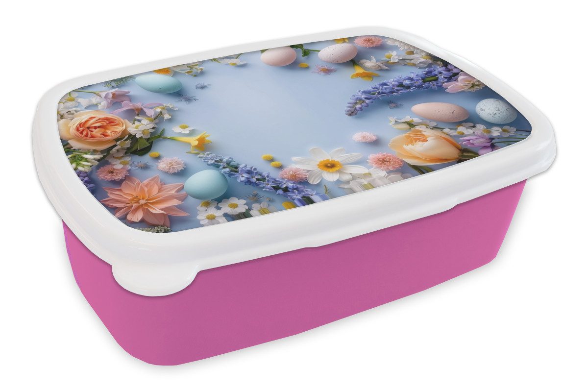 MuchoWow Lunchbox Blumen - Pastellfarben - Ostereier, Kunststoff, (2-tlg), Brotdosen, Lunch Box, Brotbox für Kinder und Erwachsene