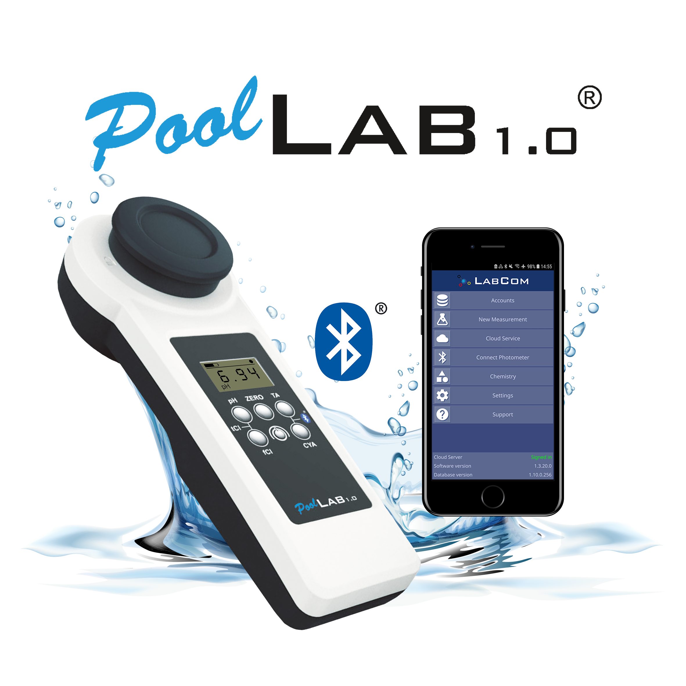 MediMuc Pool-Wassertest PoolLab 1.0 Photometer - 15 Parameter - mit 70 Testtabletten, 15 Messparameter, 1-tlg., Bluetooth