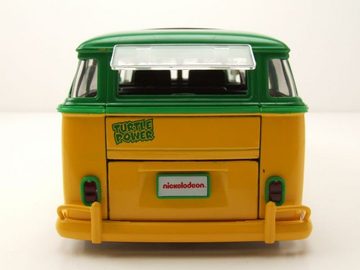 JADA Modellauto VW T1 Samba Bus TMNT Ninja Turtles 1962 gelb grün mit Leonardo Figur, Maßstab 1:24